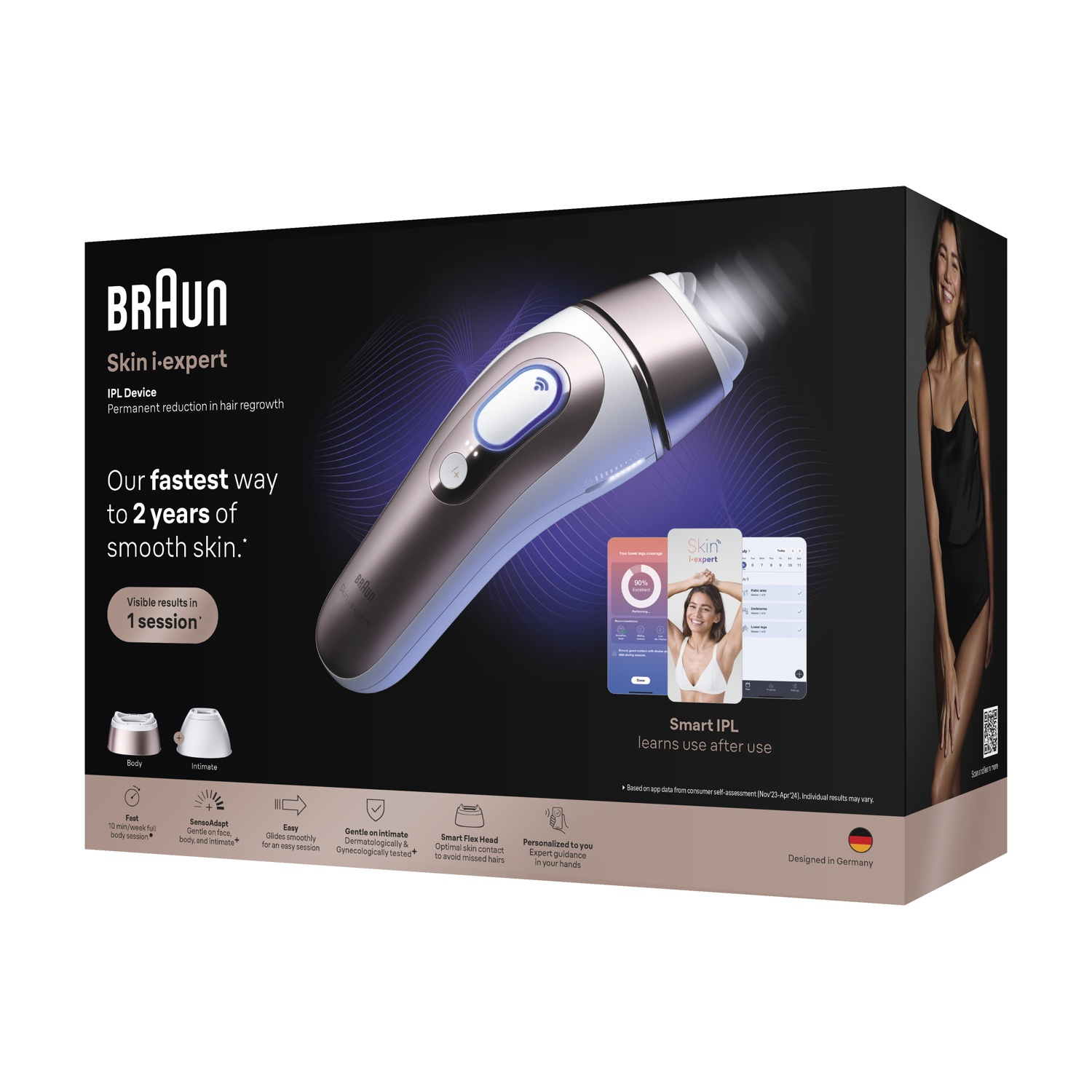 Dispositivo IPL Braun Skin i-expert con accessori e modello su sfondo nero.