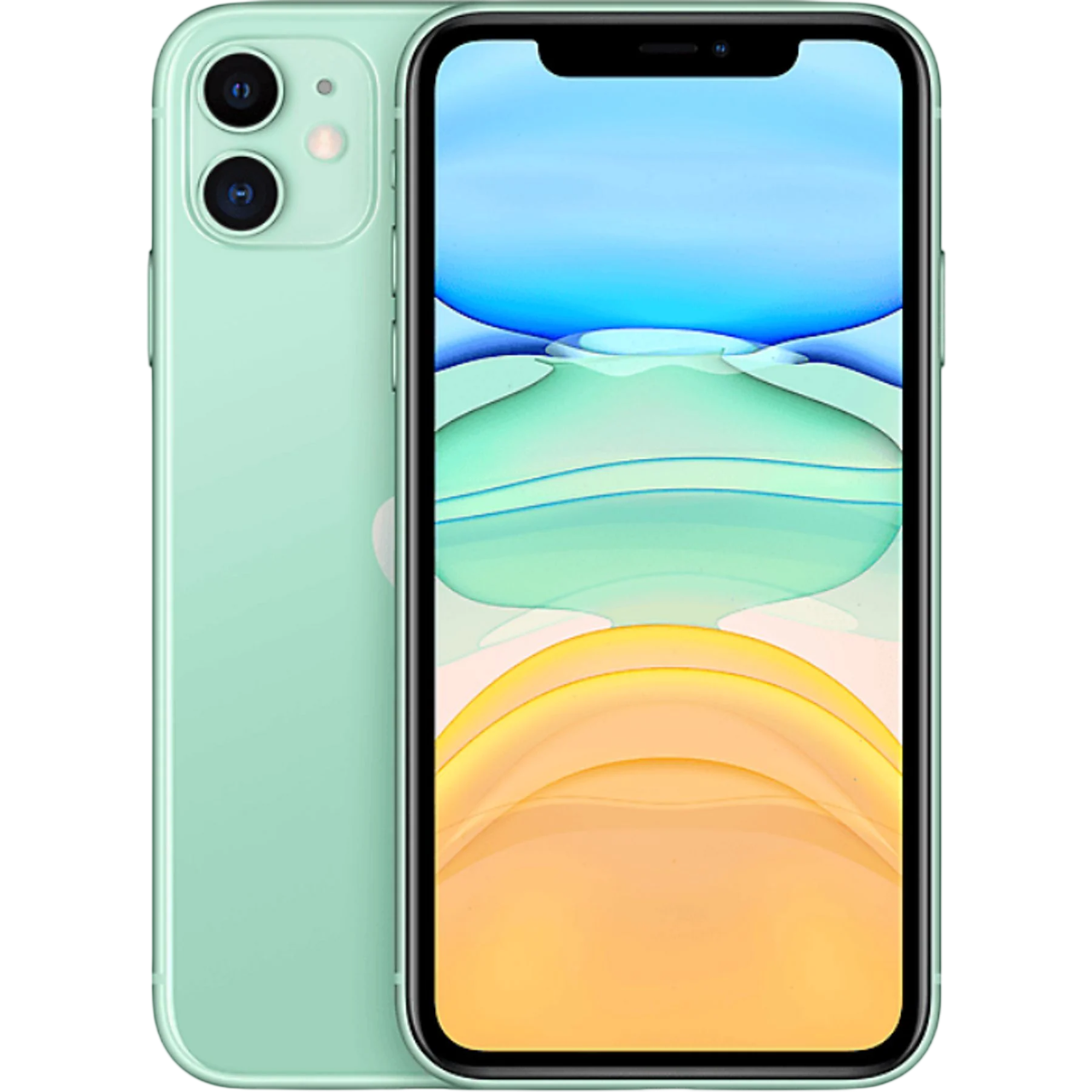 Açık yeşil bir iPhone 11 arkadan ve önden gösteriliyor. Ekranda renkli bir duvar kağıdı var.