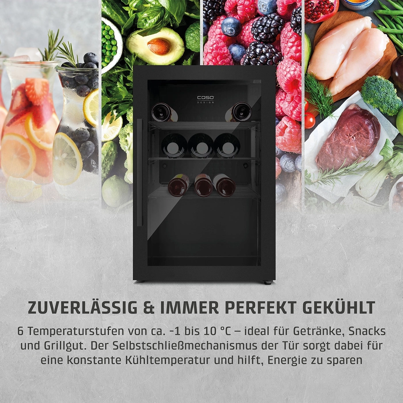 Getränkekühlschrank mit Weinbestückung, umgeben von frischen Früchten, Gemüse und Fleisch.