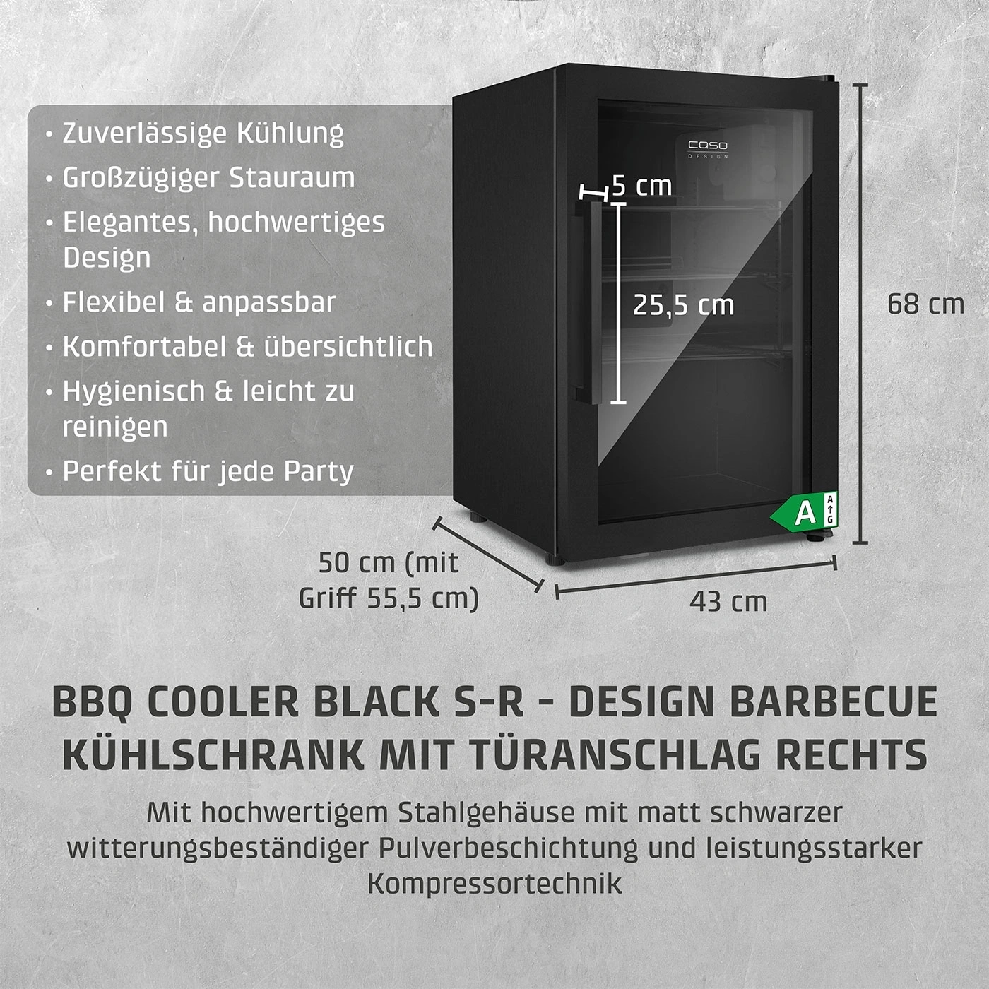 Schwarzer Kühlschrank mit Glasfront, Maße: 68x50x43 cm. Energieeffizienz A.