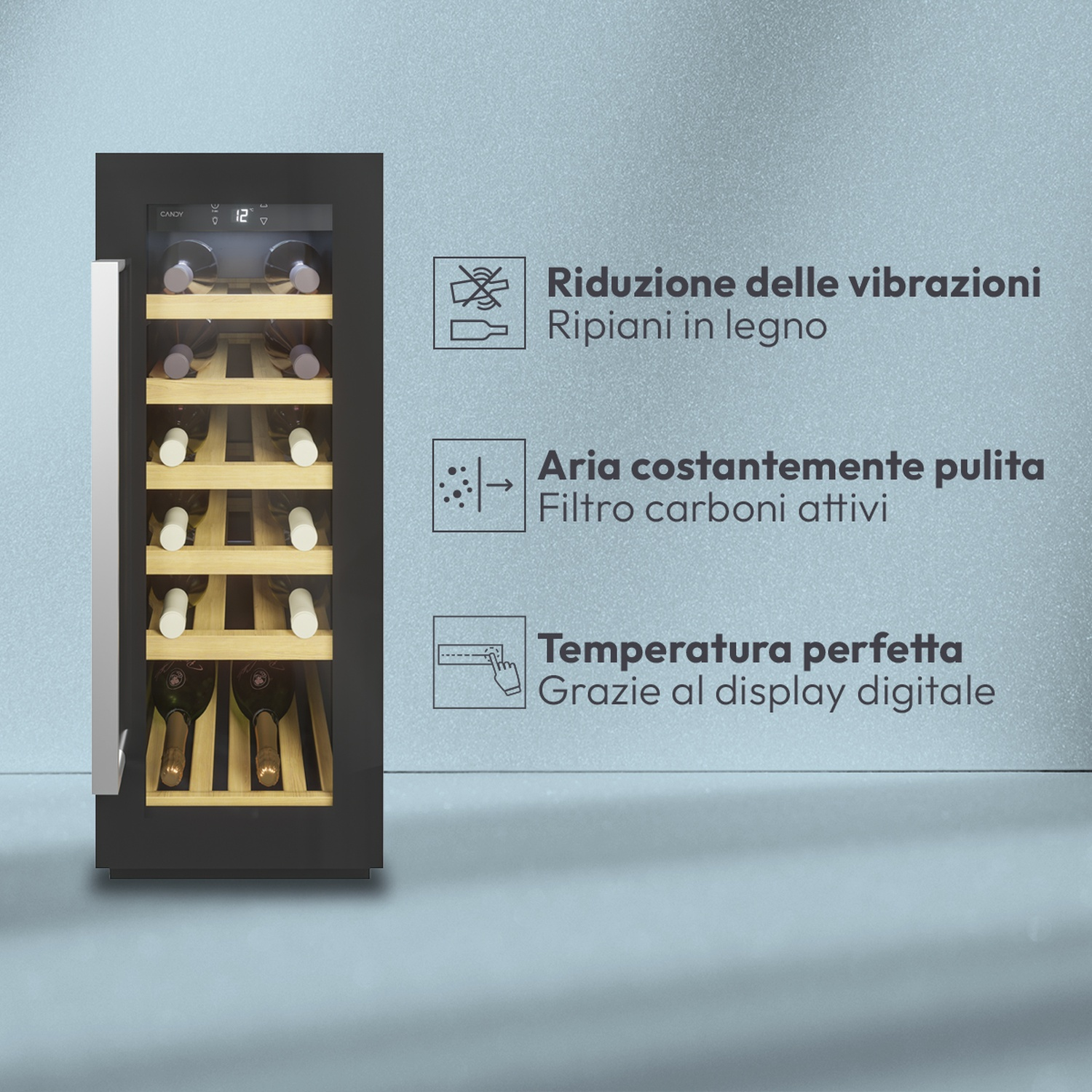 Cantinetta vino con ripiani in legno, riduce vibrazioni e pulisce l'aria.