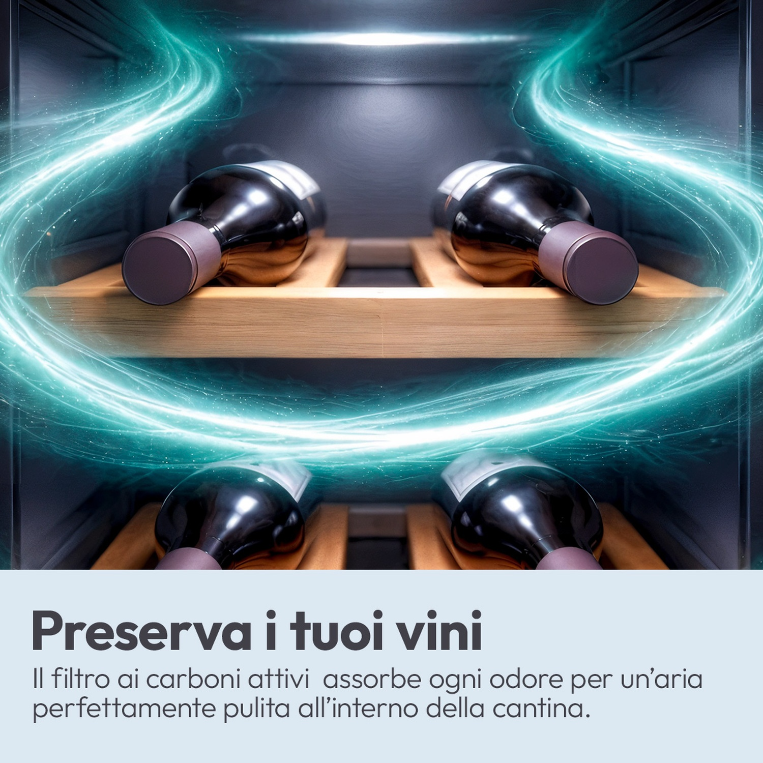 Cantinetta con quattro bottiglie e linee energetiche luminose.
