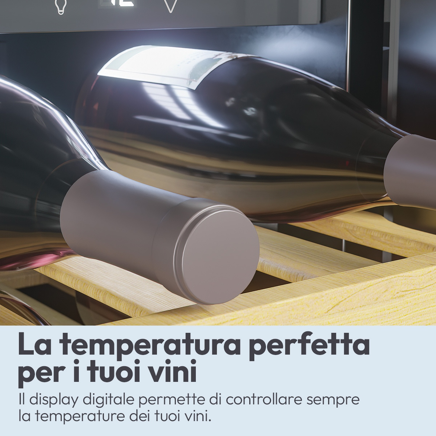Bottiglie di vino in un climatizzatore con ripiani in legno e display digitale.