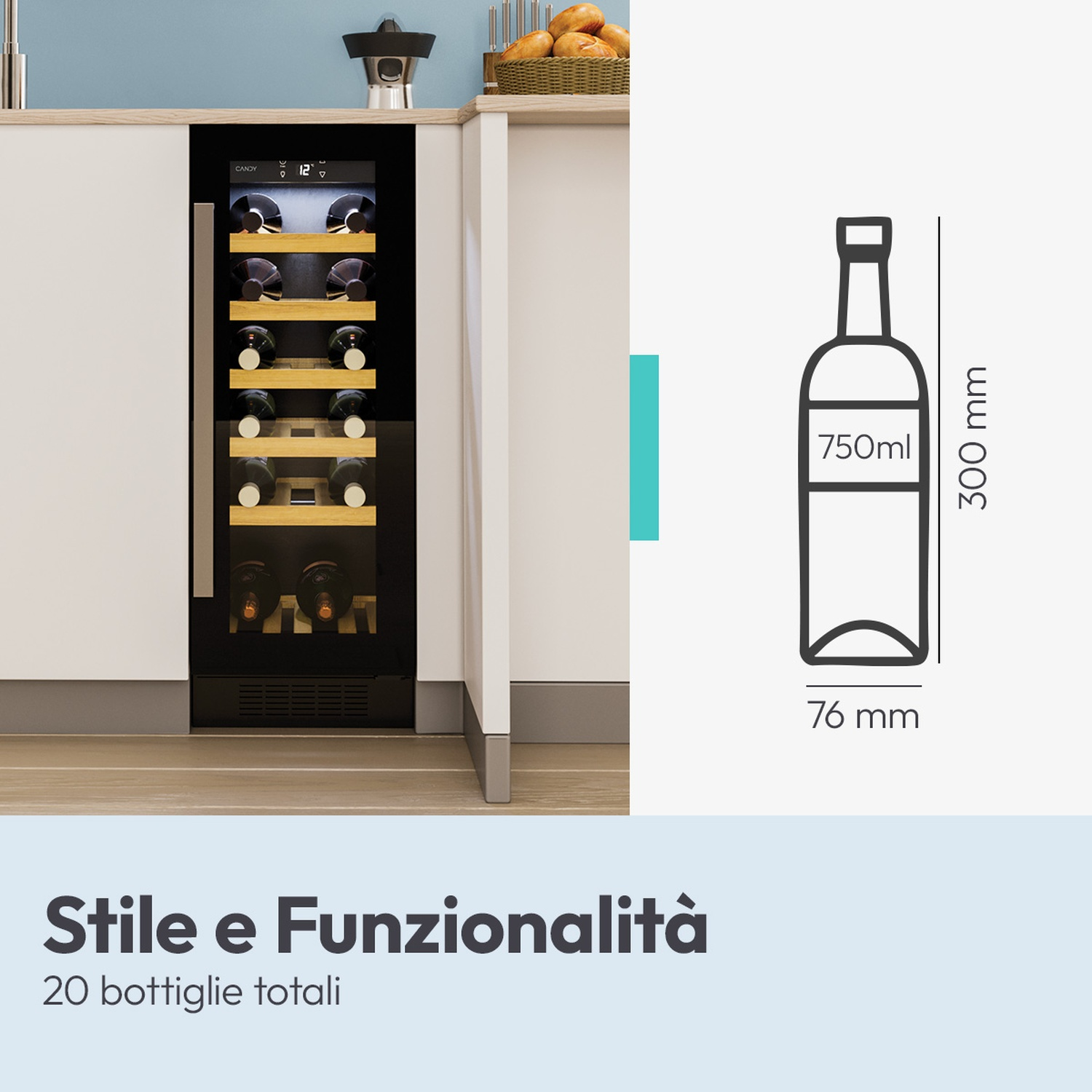 Cantinetta da incasso per 20 bottiglie, accanto al disegno di una bottiglia da 750 ml.