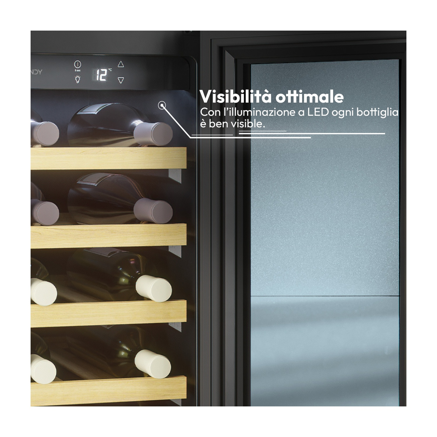 Una cantinetta con illuminazione LED che mostra 12°C.