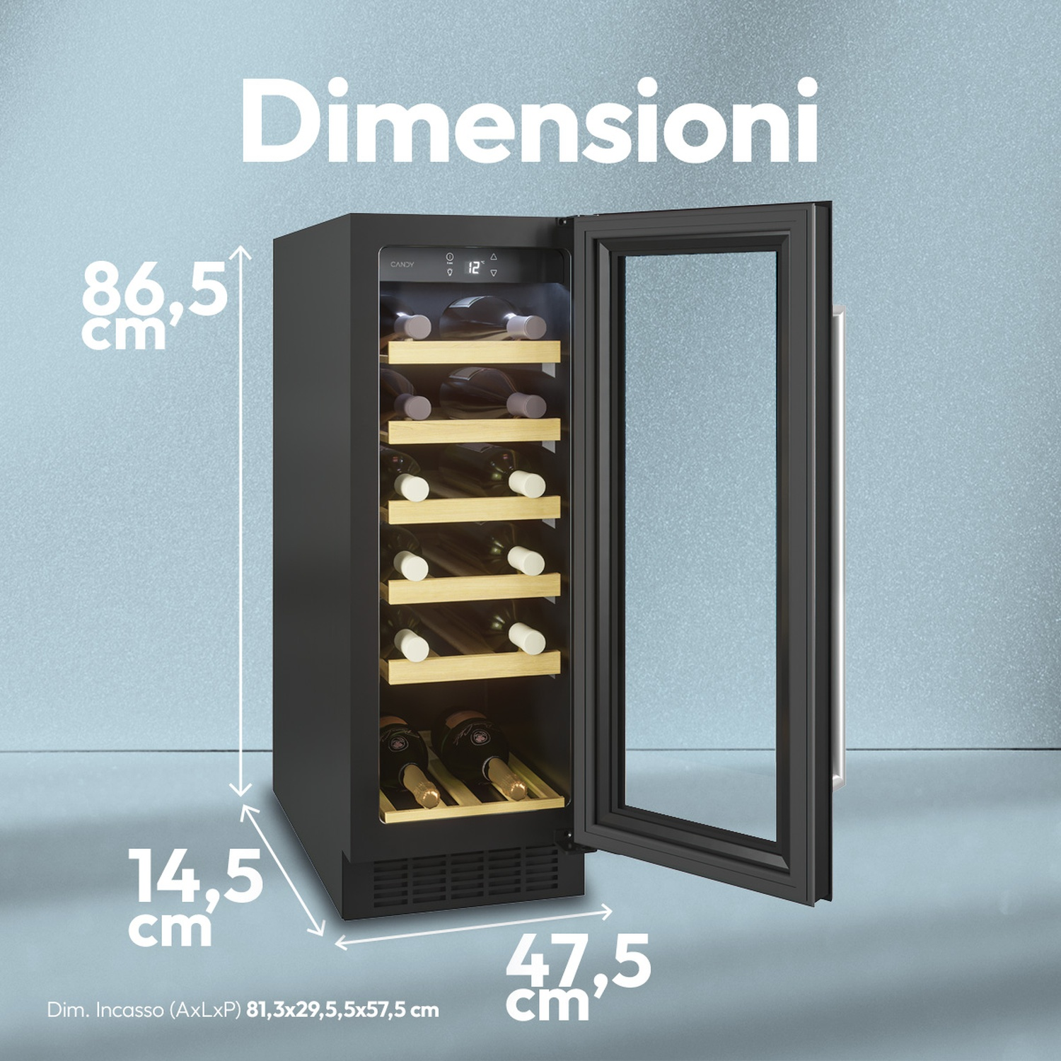 Cantinetta vino nera con porta aperta, dimensioni 86,5x47,5x14,5 cm.