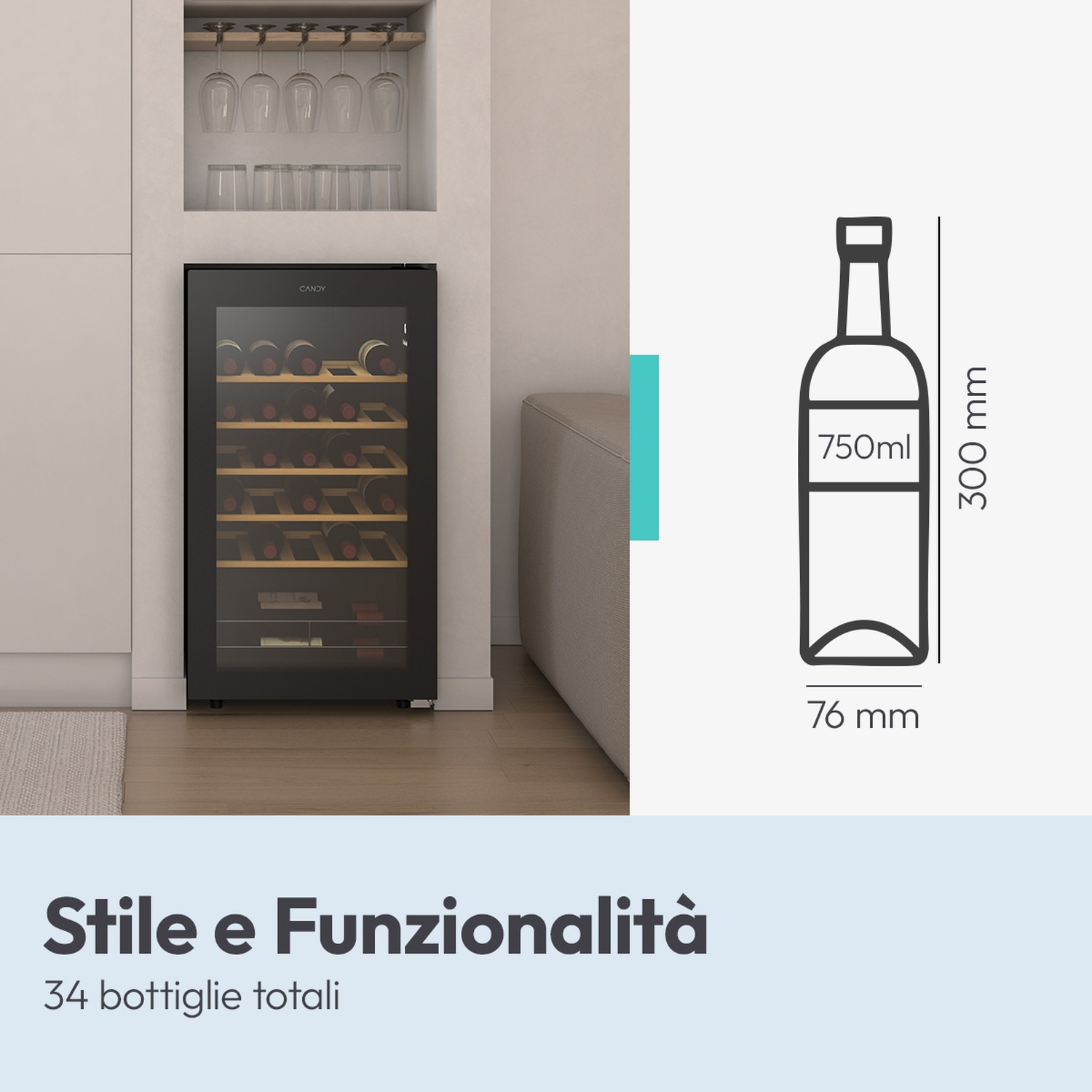 Una cantinetta vino nera con bicchieri e bottiglie, accanto un disegno di bottiglia.