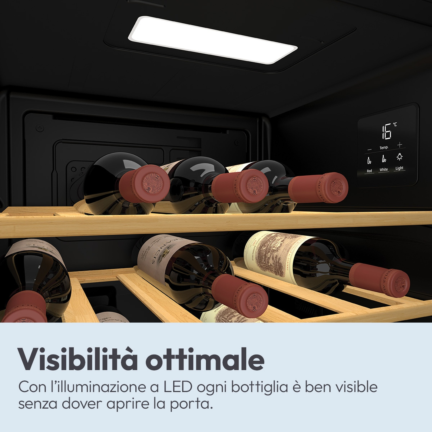 Cantinetta vino con illuminazione LED e ripiani in legno, mostra 16 gradi.