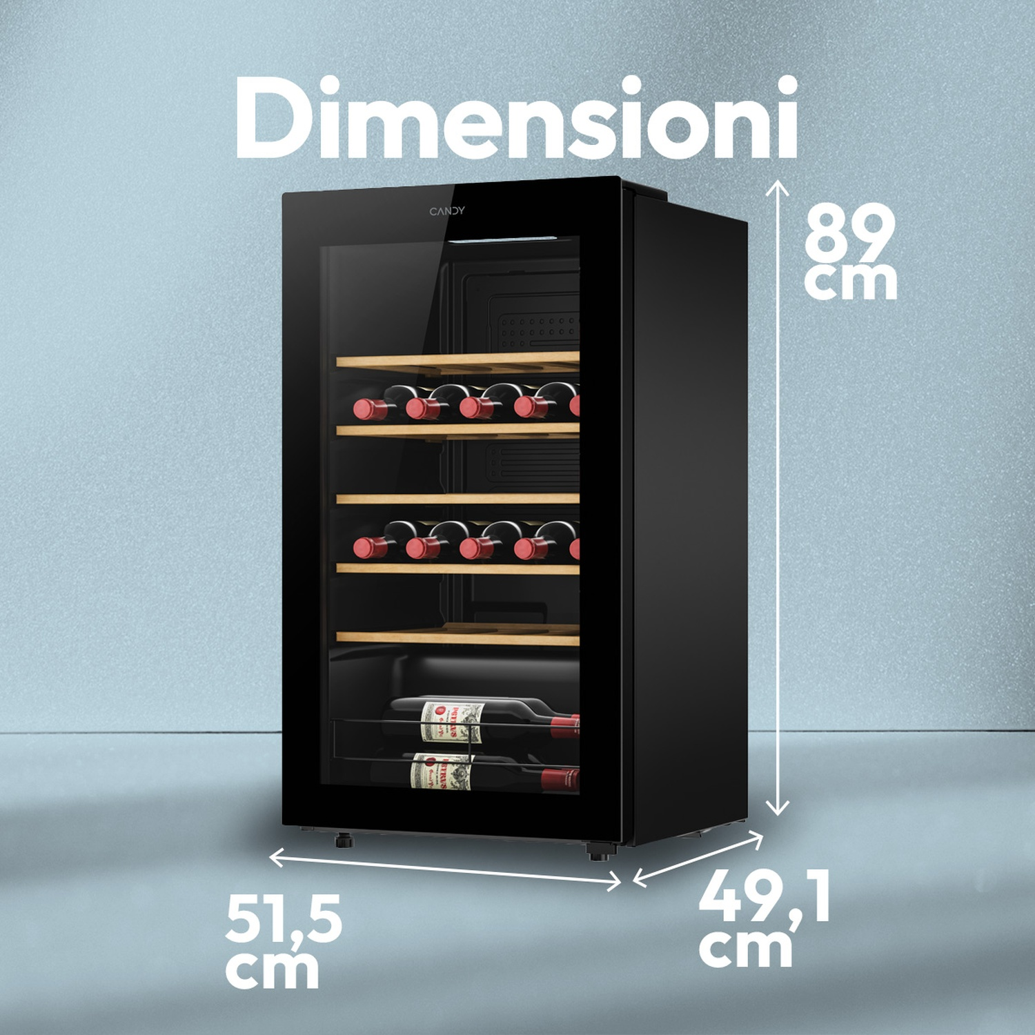 Cantinetta vino nera con ripiani in legno, misure 89x51,5x49,1 cm.