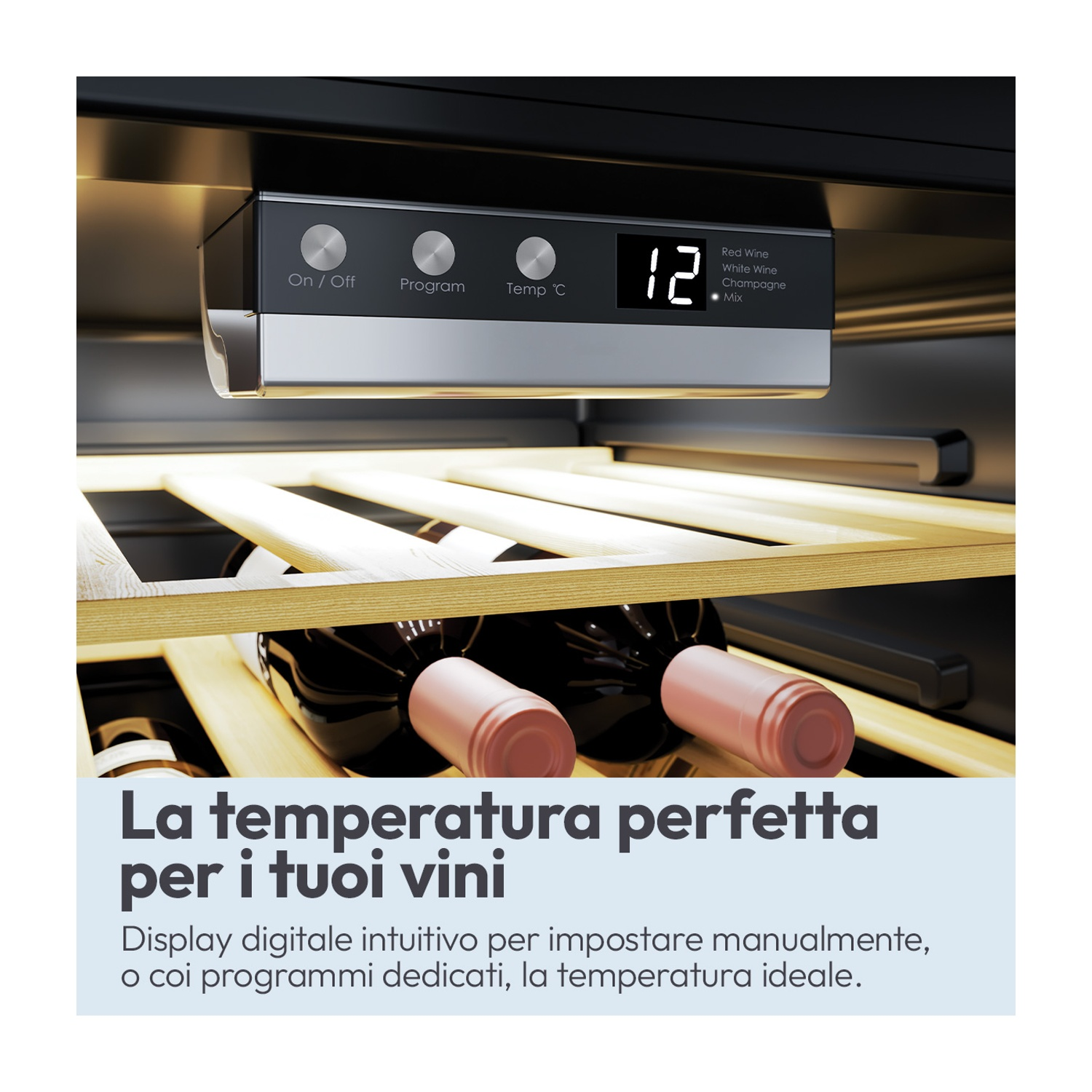 Cantinetta vino con pannello digitale e bottiglie su ripiani in legno.