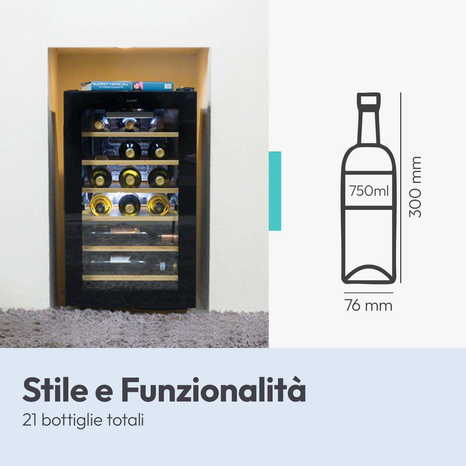 Un frigorifero per vino nero pieno di bottiglie, accanto a un disegno di bottiglia con dimensioni.