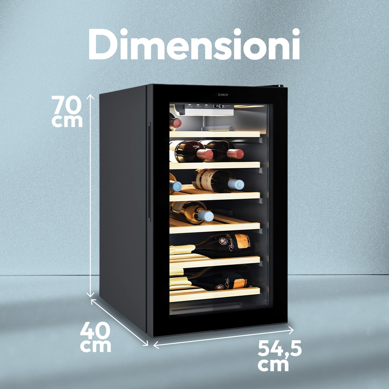 Cantinetta vino con porta in vetro, dimensioni 70x40x54,5 cm, piena di bottiglie.