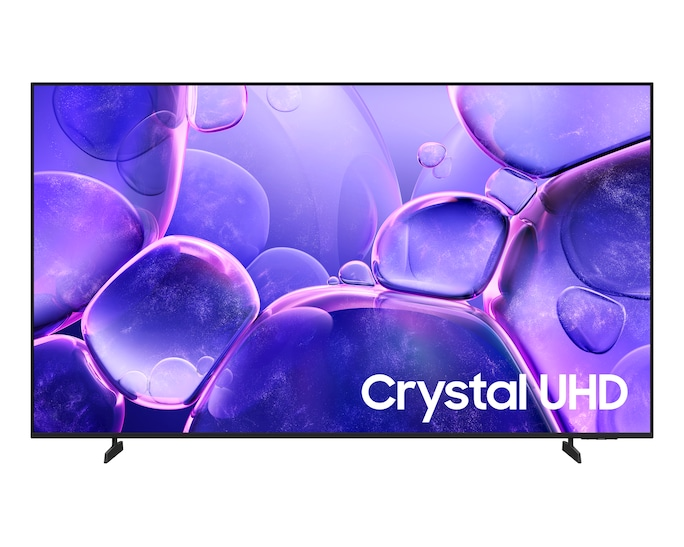 Ein moderner Fernseher mit lila abstrakter Blasen-Hintergrundgrafik. Text: Crystal UHD.
