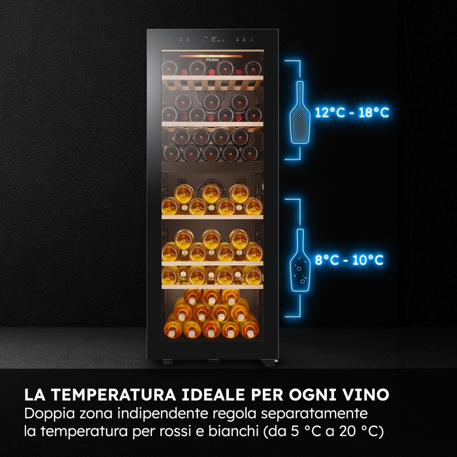 Una cantinetta Haier con bottiglie di vino rosso e bianco, con zone a doppia temperatura.