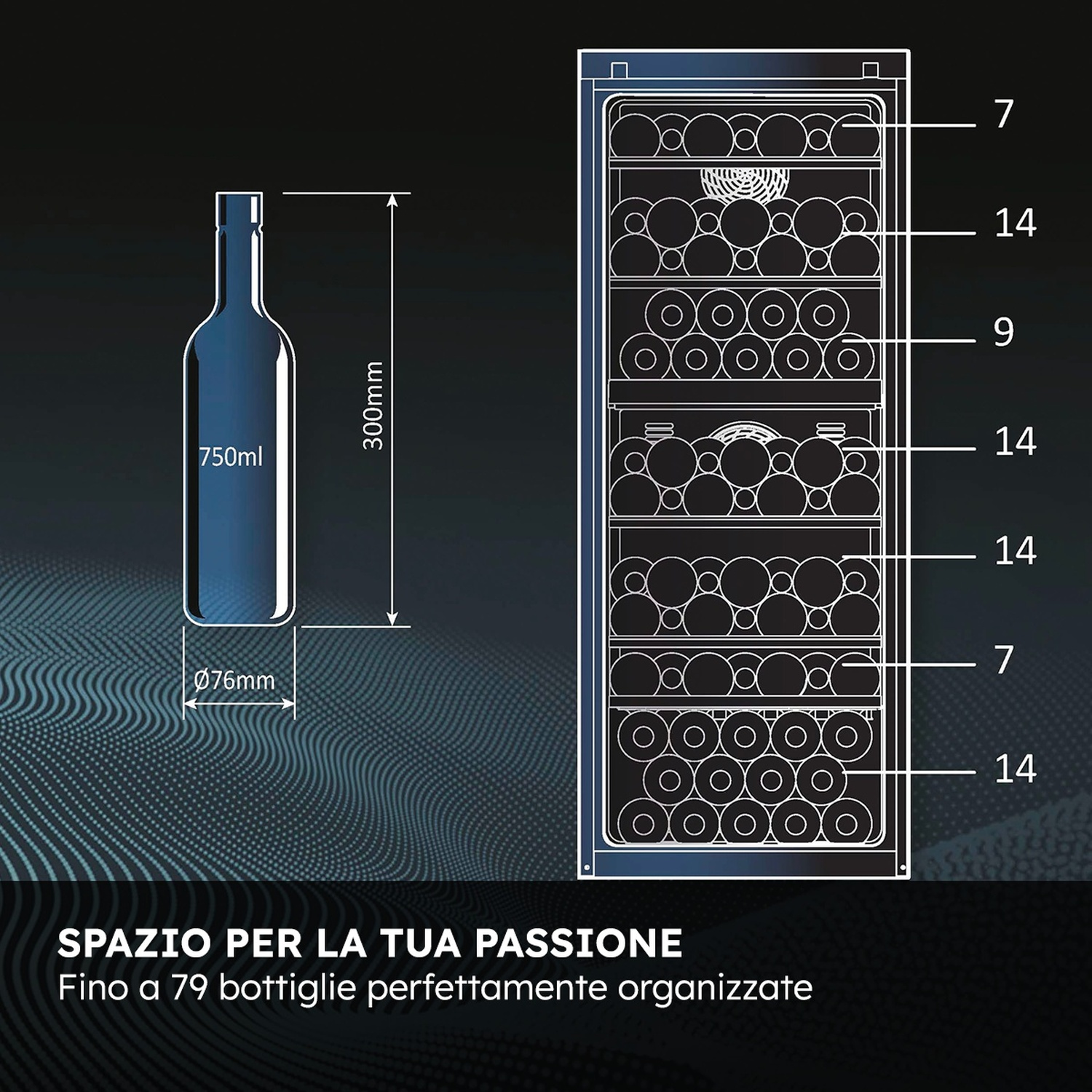 Illustrazione mostra una bottiglia di vino da 750ml e una cantinetta piena di bottiglie.