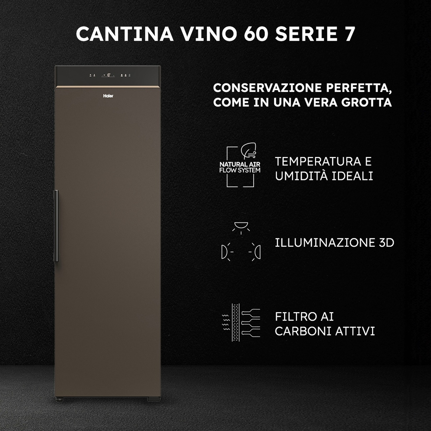 Porta di cantinetta vino marrone con logo Haier e testo sulle funzioni.