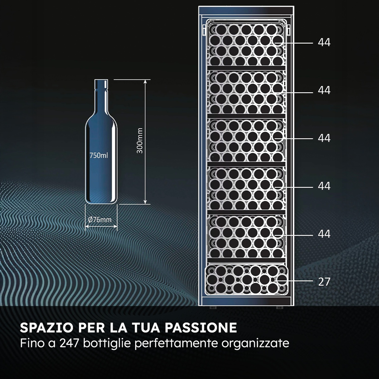 Illustrazione di una bottiglia da 750ml accanto a una cantinetta per 247 bottiglie.
