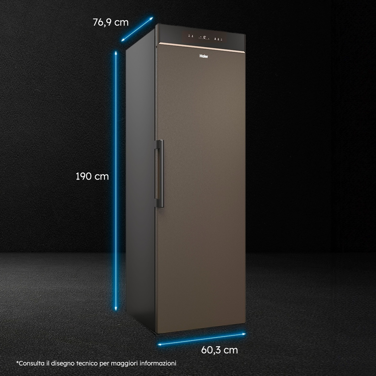 Un frigorifero alto e snello, marrone, con maniglia e display argentati.