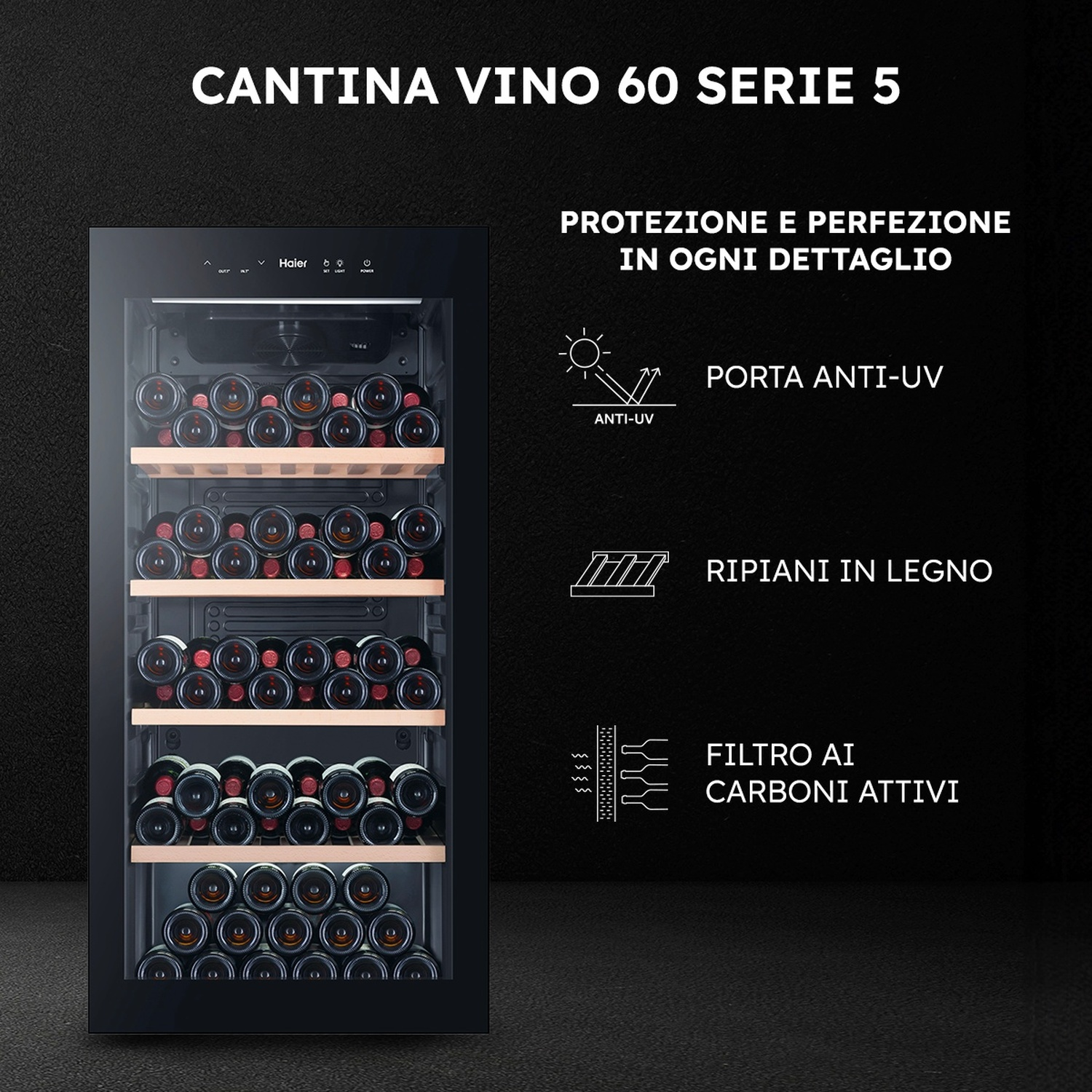 Una cantina Haier Serie 5 con ripiani in legno, piena di bottiglie di vino.