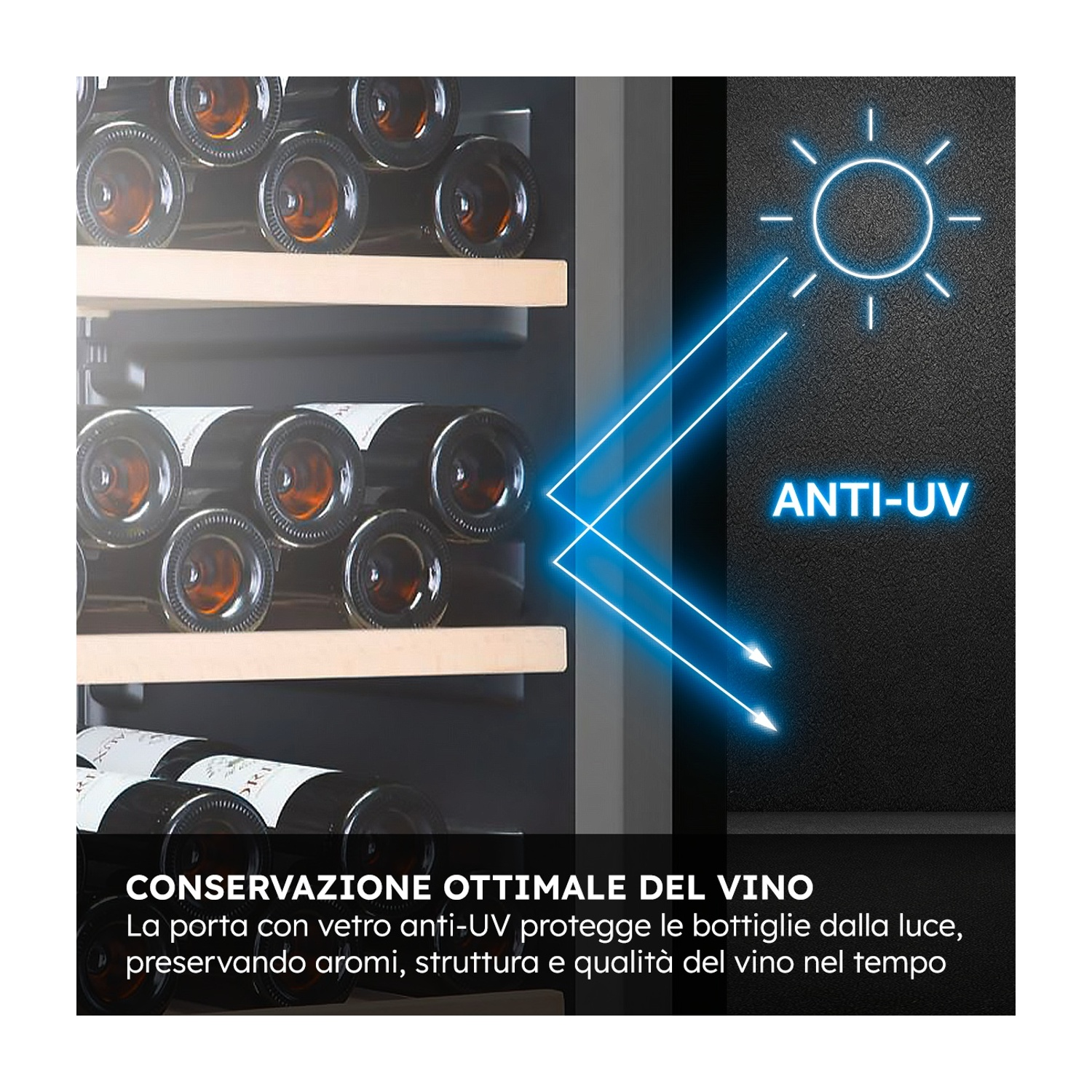 Cantinetta vino con vetro anti-UV e bottiglie su scaffali. Protezione UV.