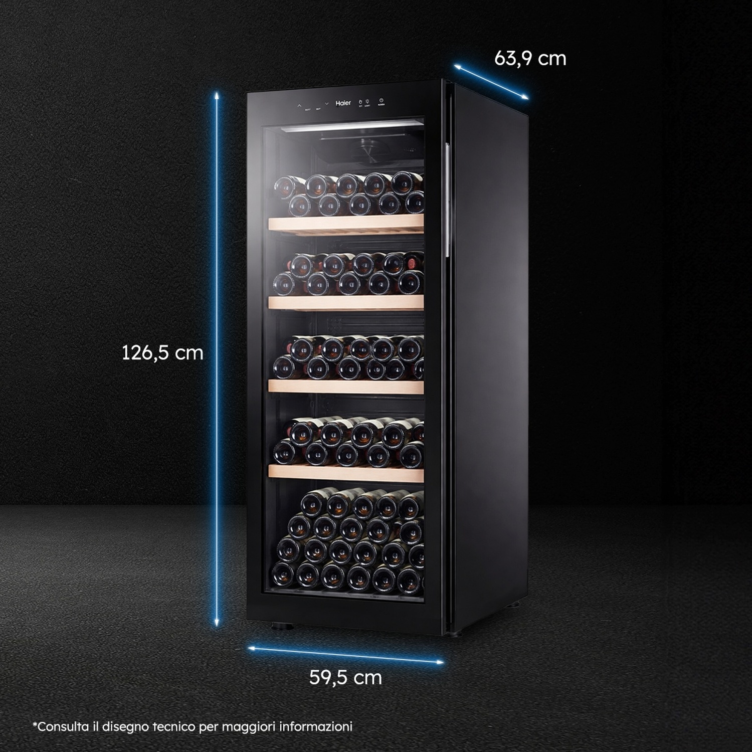 Cantinetta vino nera con porta in vetro, piena di bottiglie. Dimensioni: 126,5x59,5x63,9 cm.