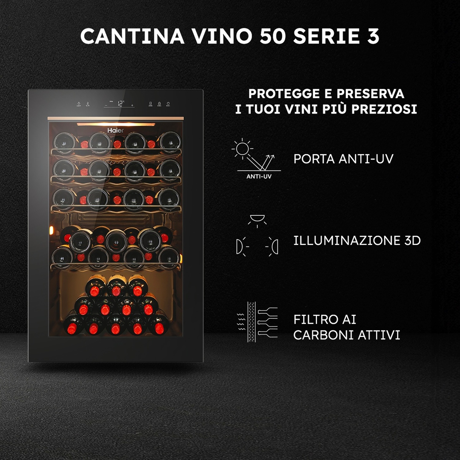 Una cantinetta Haier piena di bottiglie, con illuminazione 3D e protezione UV.