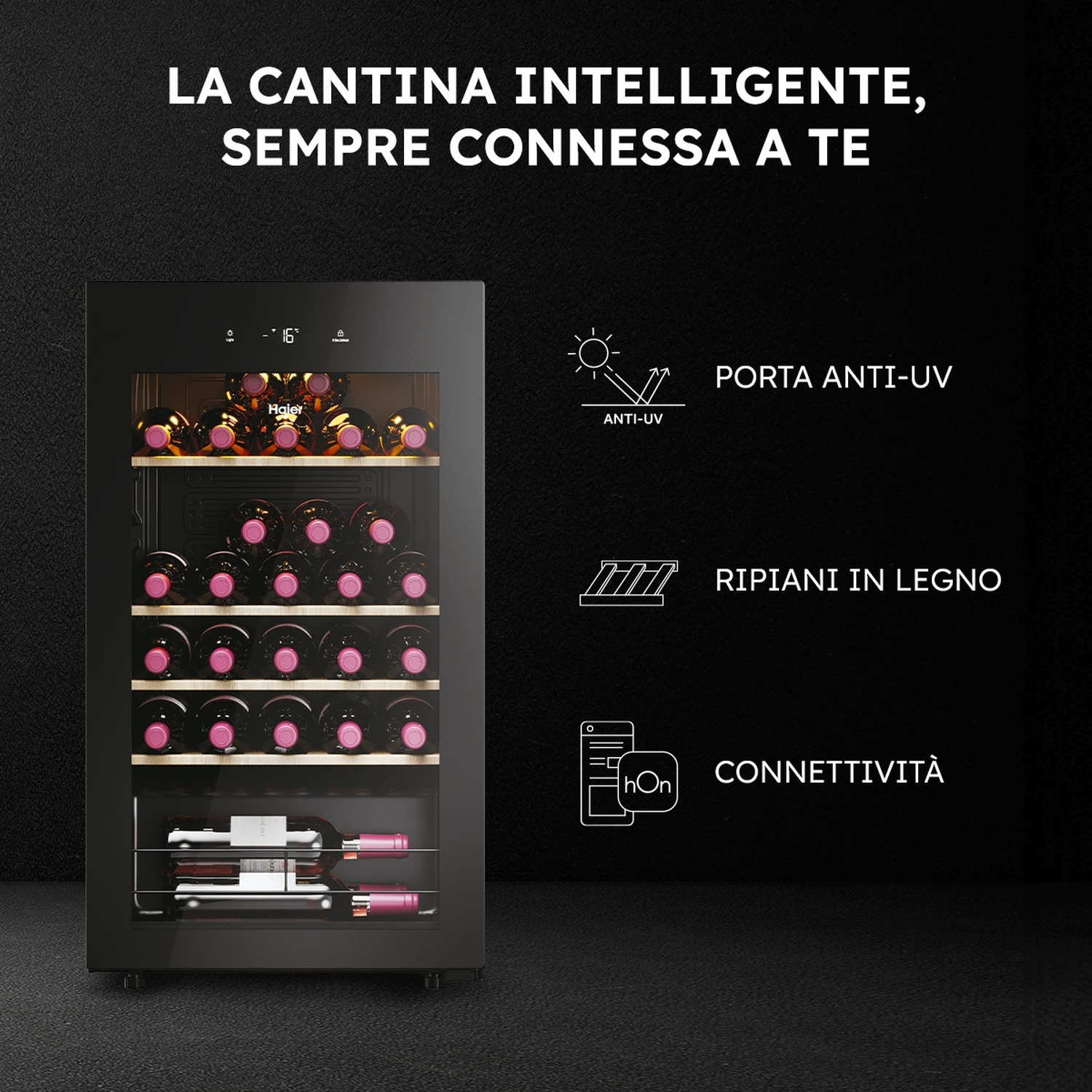 Cantinetta intelligente con porta anti-UV, ripiani in legno e connettività.