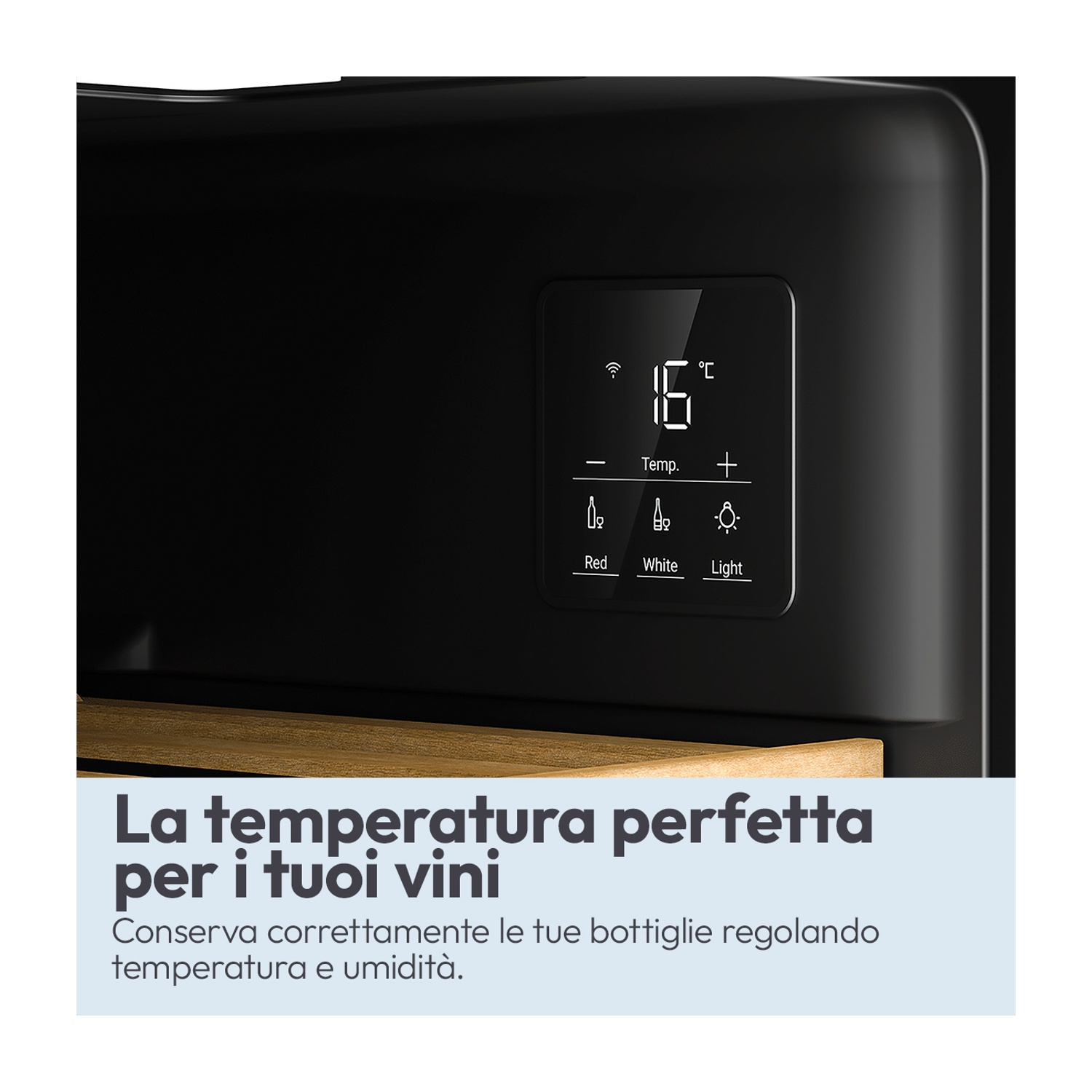 Un pannello di controllo nero con display digitale mostra 16°C.