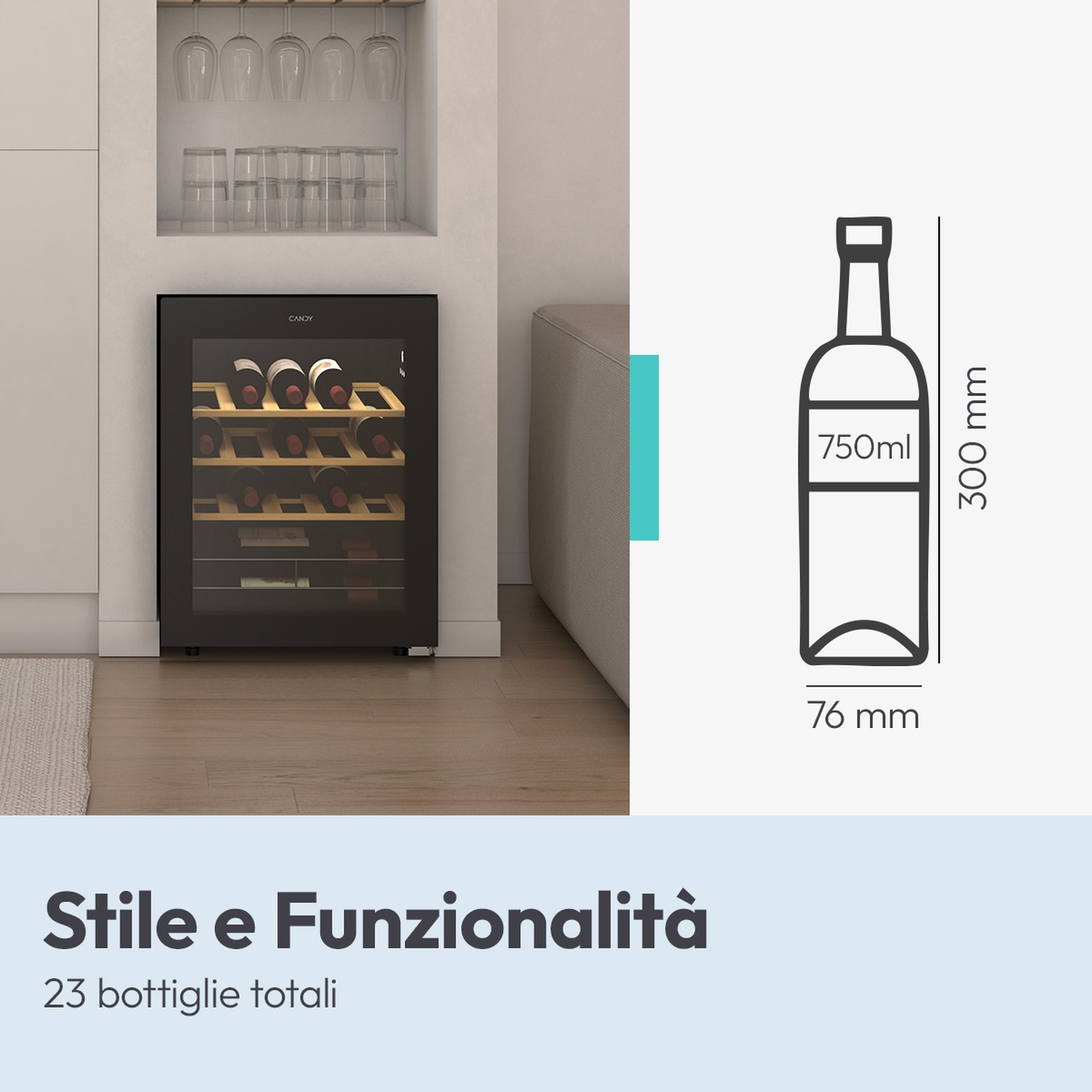 Una cantinetta vino nera con porta in vetro, contenente bottiglie, accanto a un disegno di bottiglia.