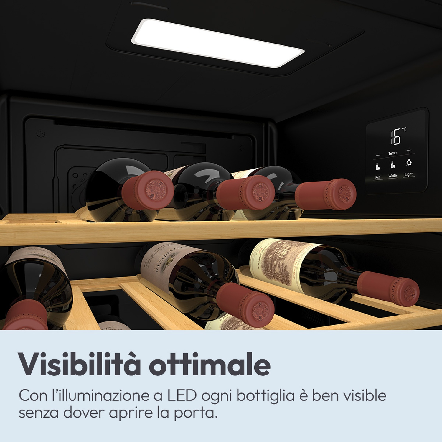 Cantinetta con bottiglie e illuminazione LED, display digitale temperatura.
