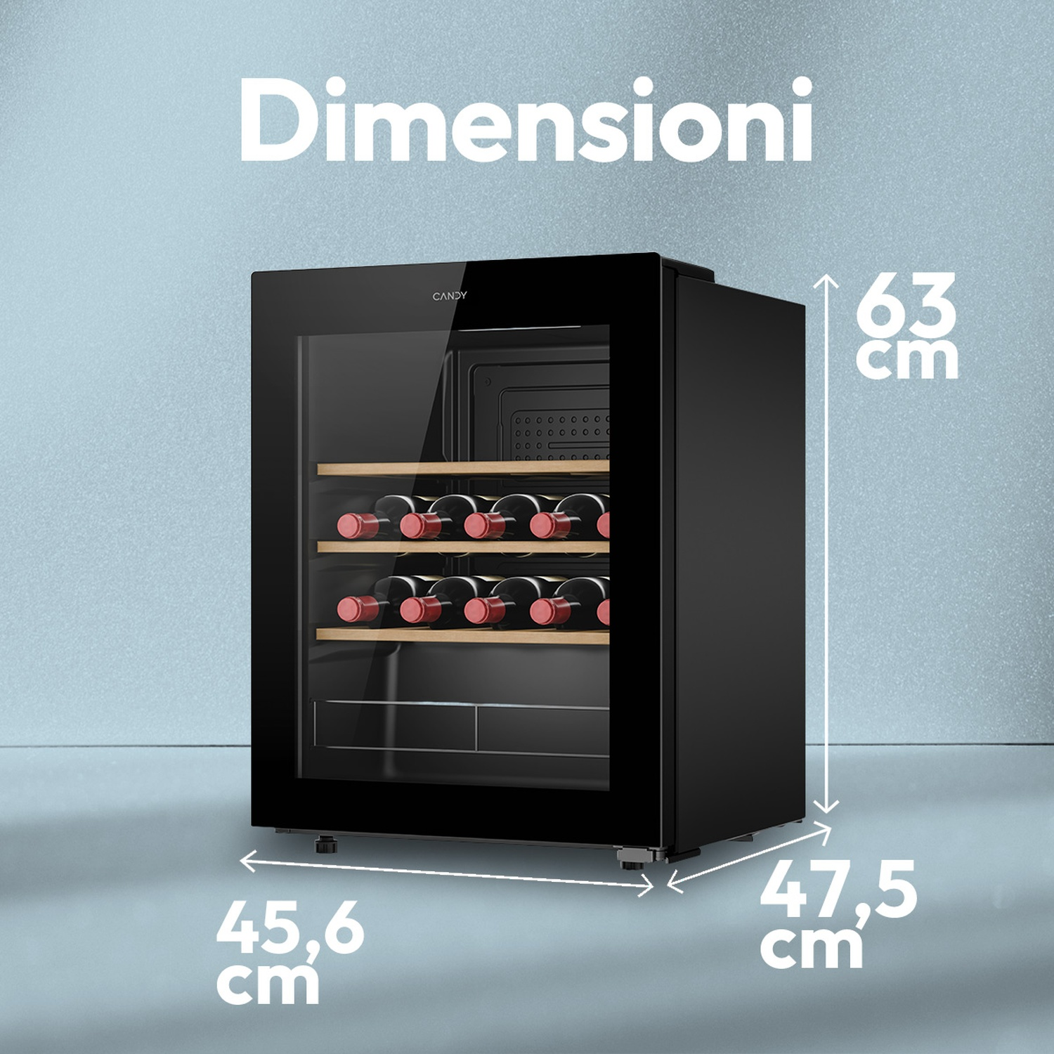 Cantinetta vino nera con porta in vetro, dimensioni 63x47,5x45,6 cm.
