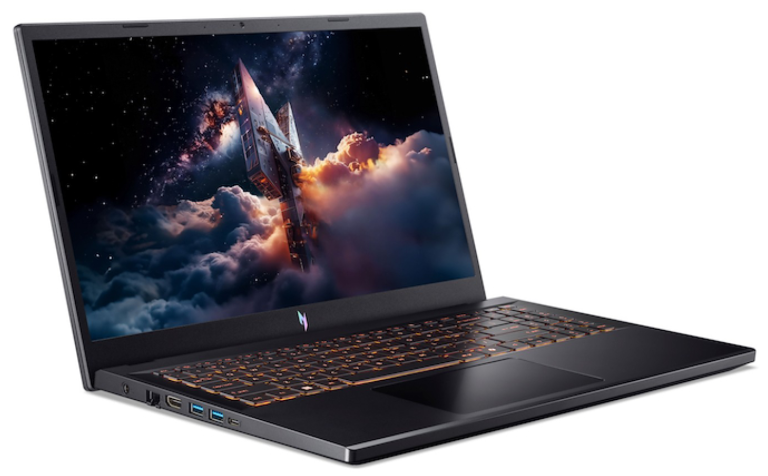 Un portátil abierto que muestra un fondo de pantalla espacial. Teclado iluminado.