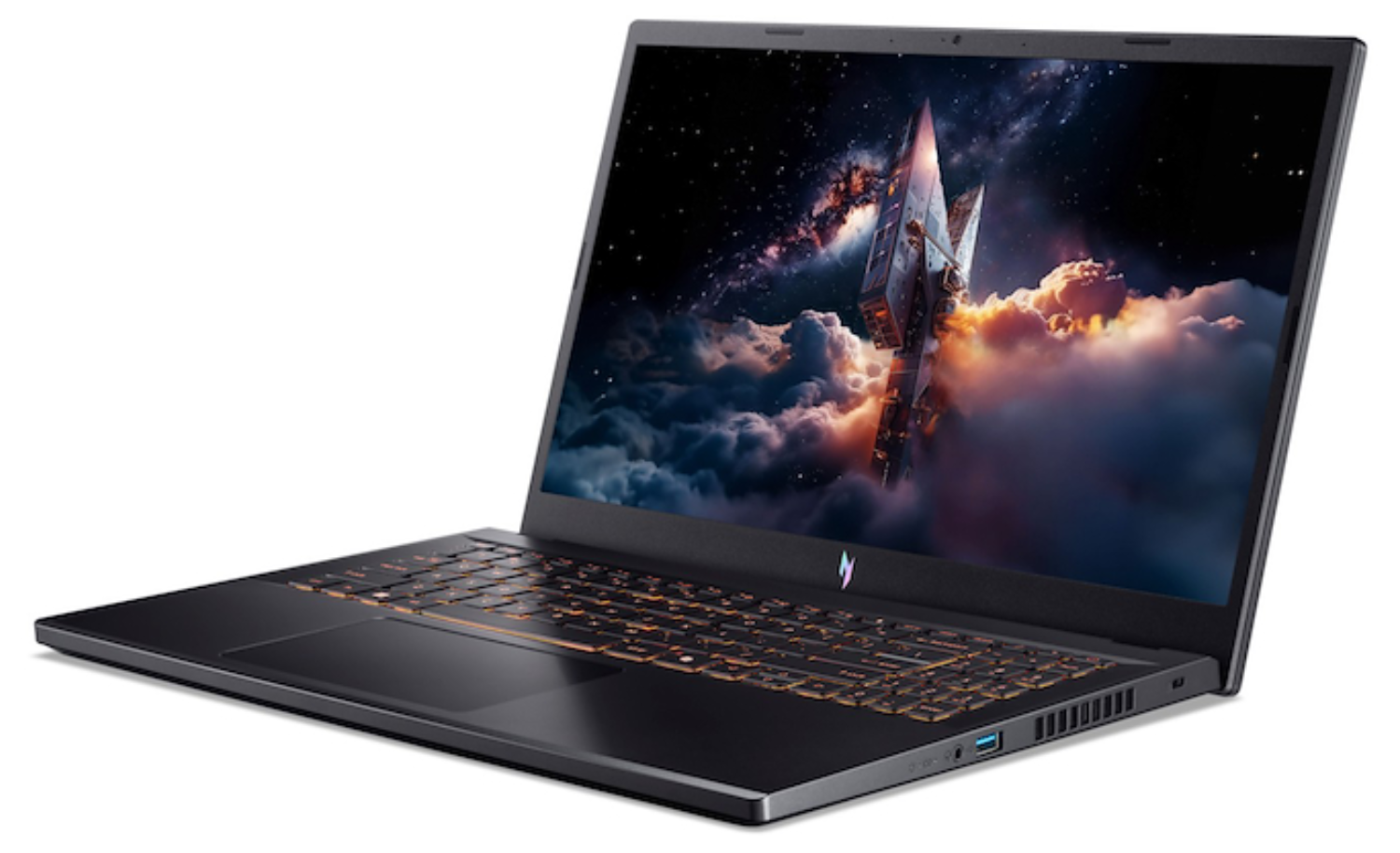 Un portátil negro con teclado retroiluminado y fondo de pantalla espacial.