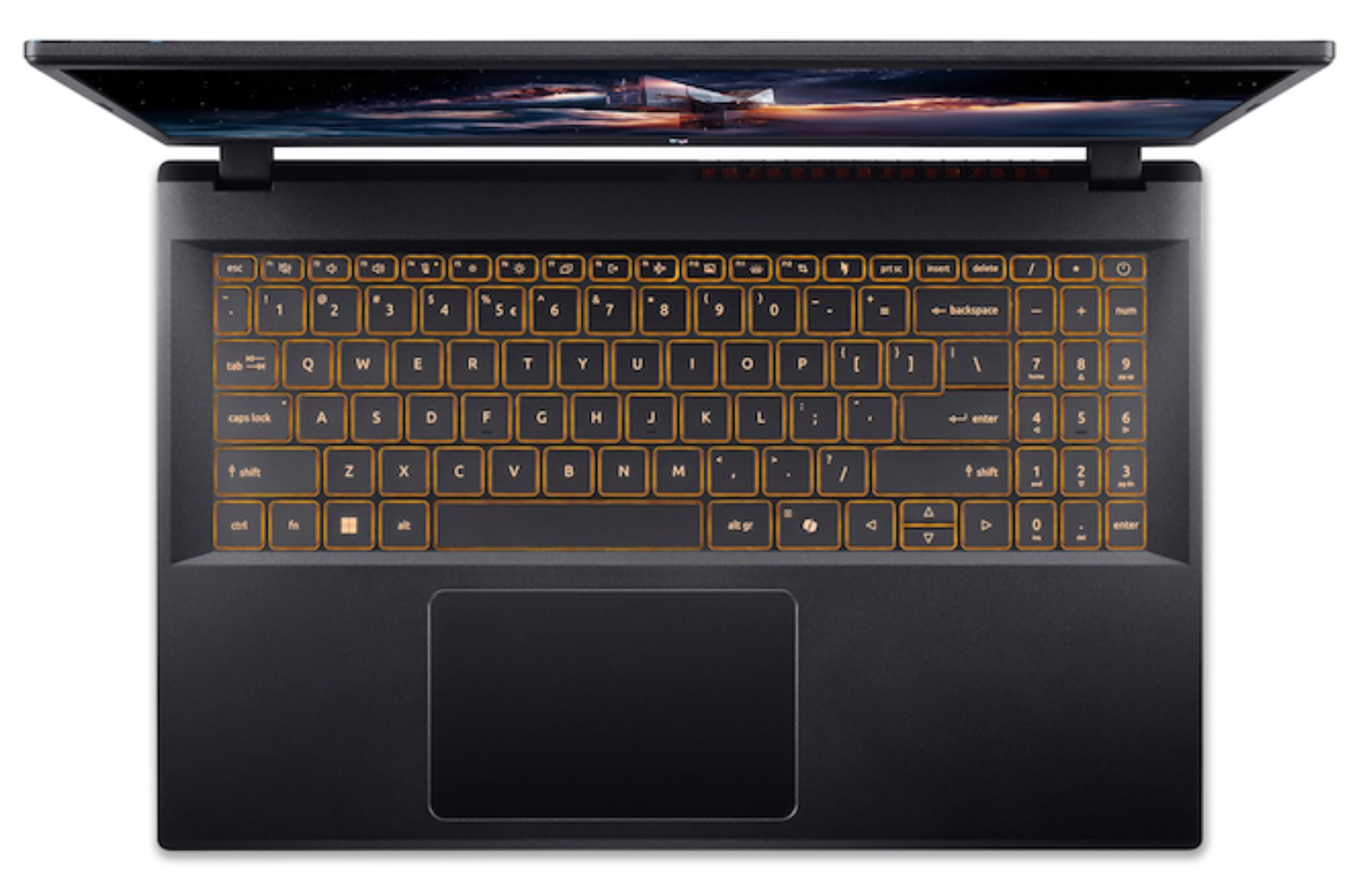 Vista superior de un portátil negro con teclado iluminado y pantalla abierta.