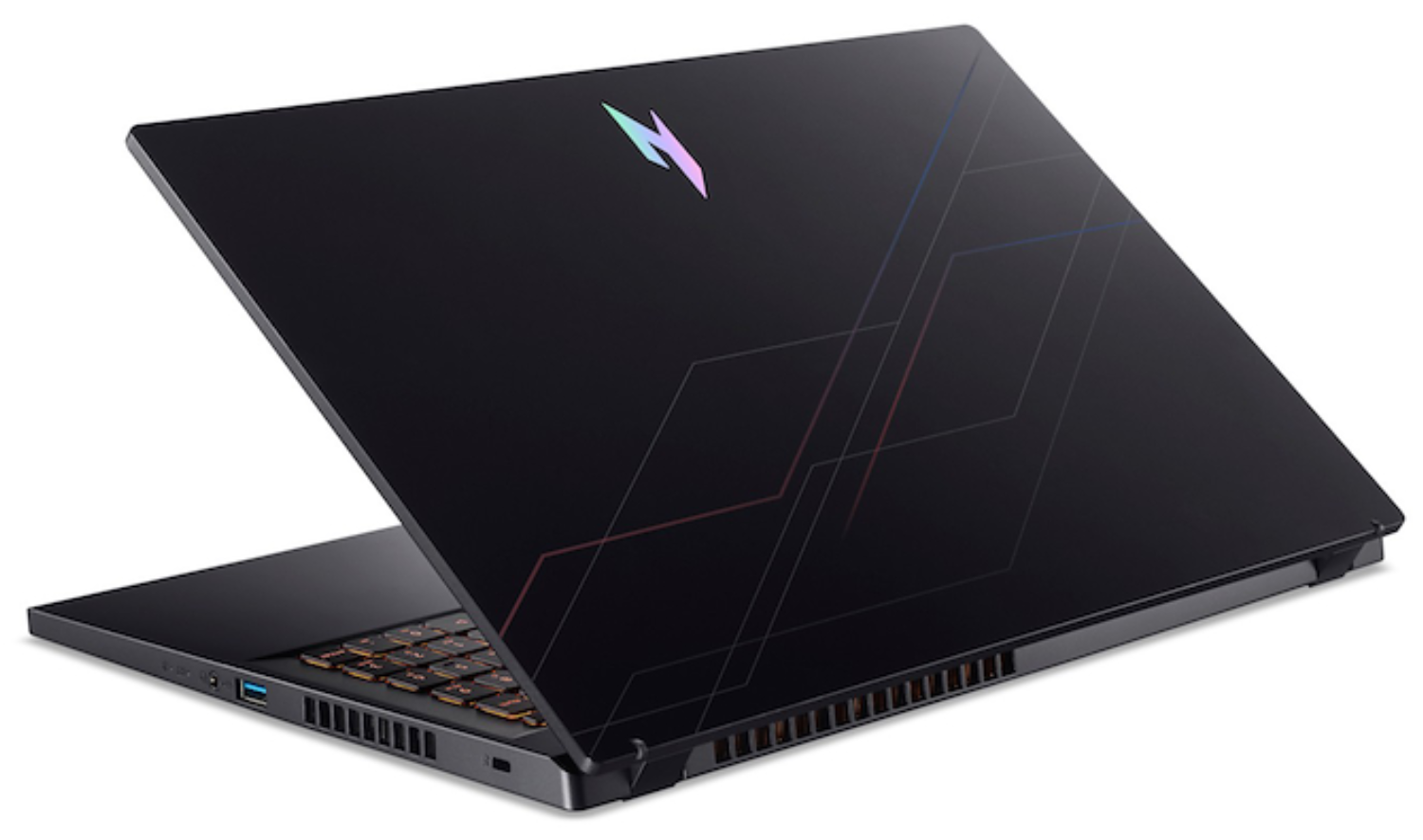 Un portátil negro con teclado retroiluminado y logo en la tapa.