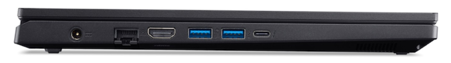 Vista lateral de laptop con puertos: alimentación, Ethernet, HDMI, USB-A, USB-C.