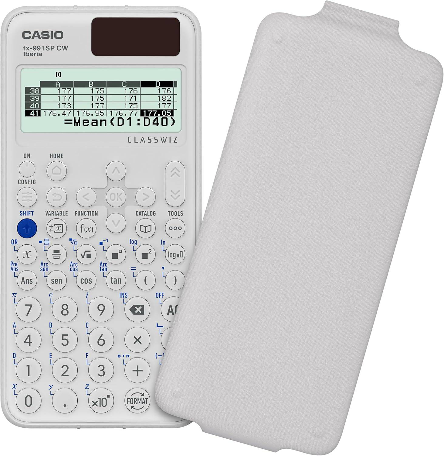 Una calculadora Casio blanca con teclado y pantalla mostrando datos.