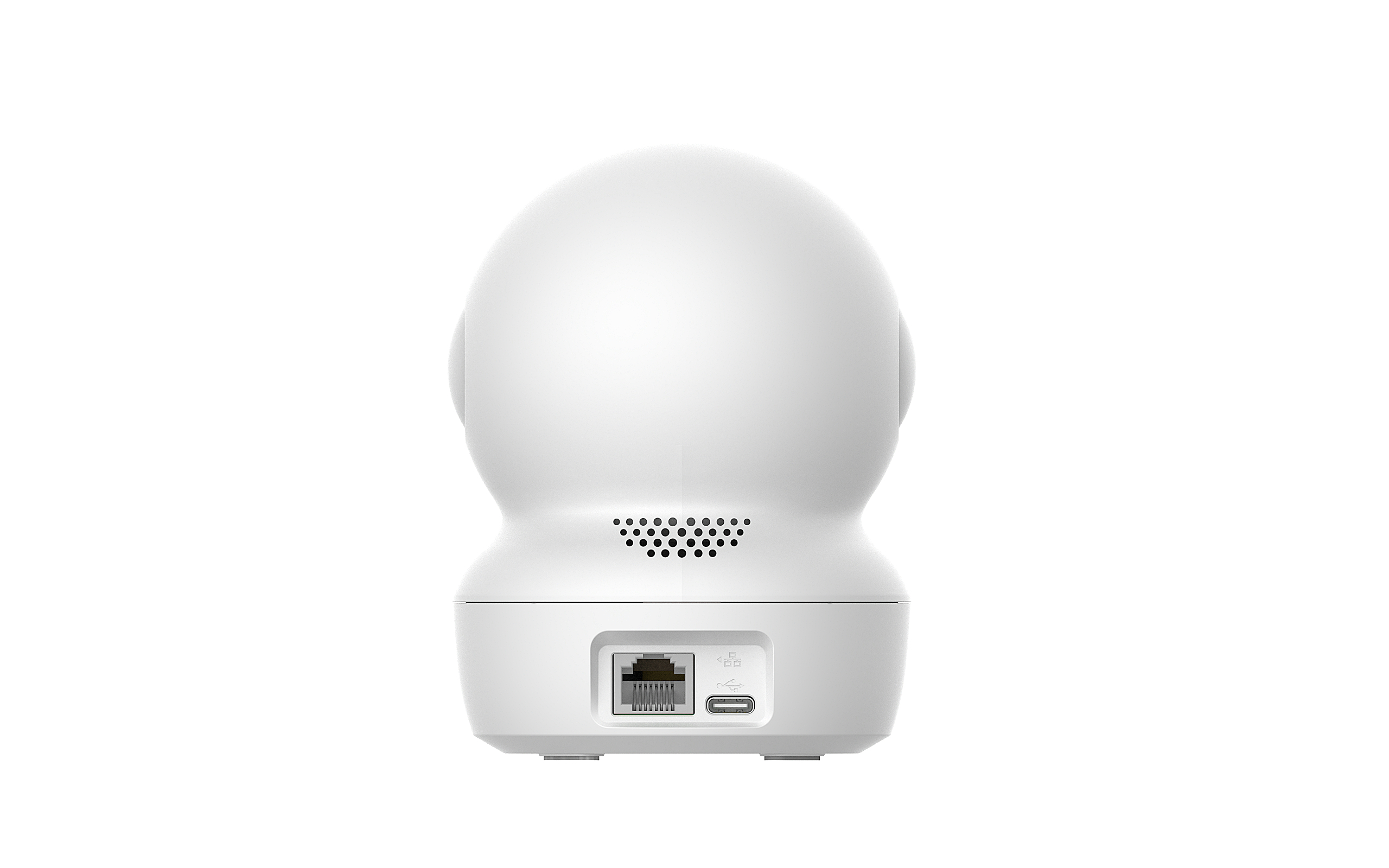 Rückseite einer weißen Überwachungskamera mit Ethernet-Port, USB-C und Lautsprechergitter.