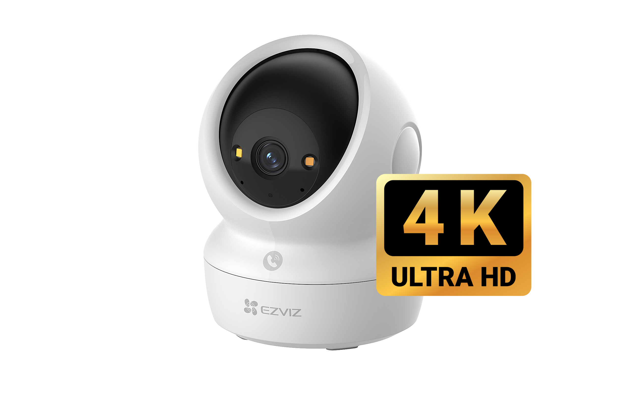 Eine weiße Schwenk-/Neigekamera mit einem 4K Ultra HD-Logo.