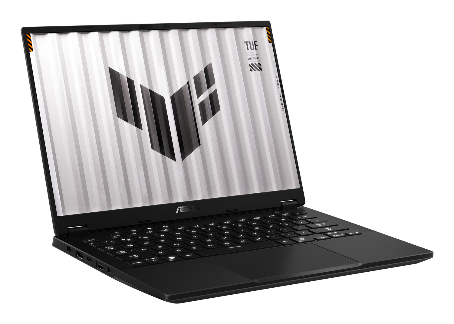 Portátil negro con logo estilizado en pantalla y rayas verticales.