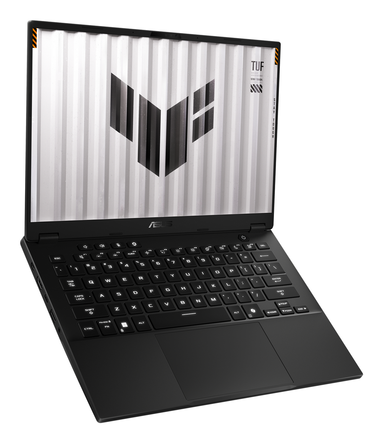 Portátil negro con teclado iluminado y logo 'TUF' en la pantalla.