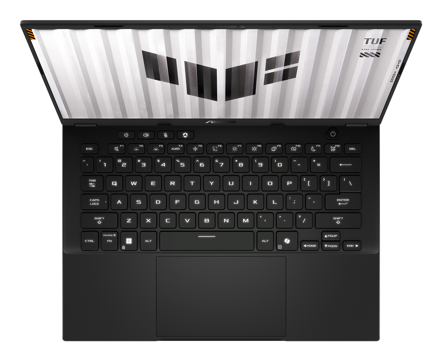 Un portátil negro abierto con teclado retroiluminado y logo TUF.