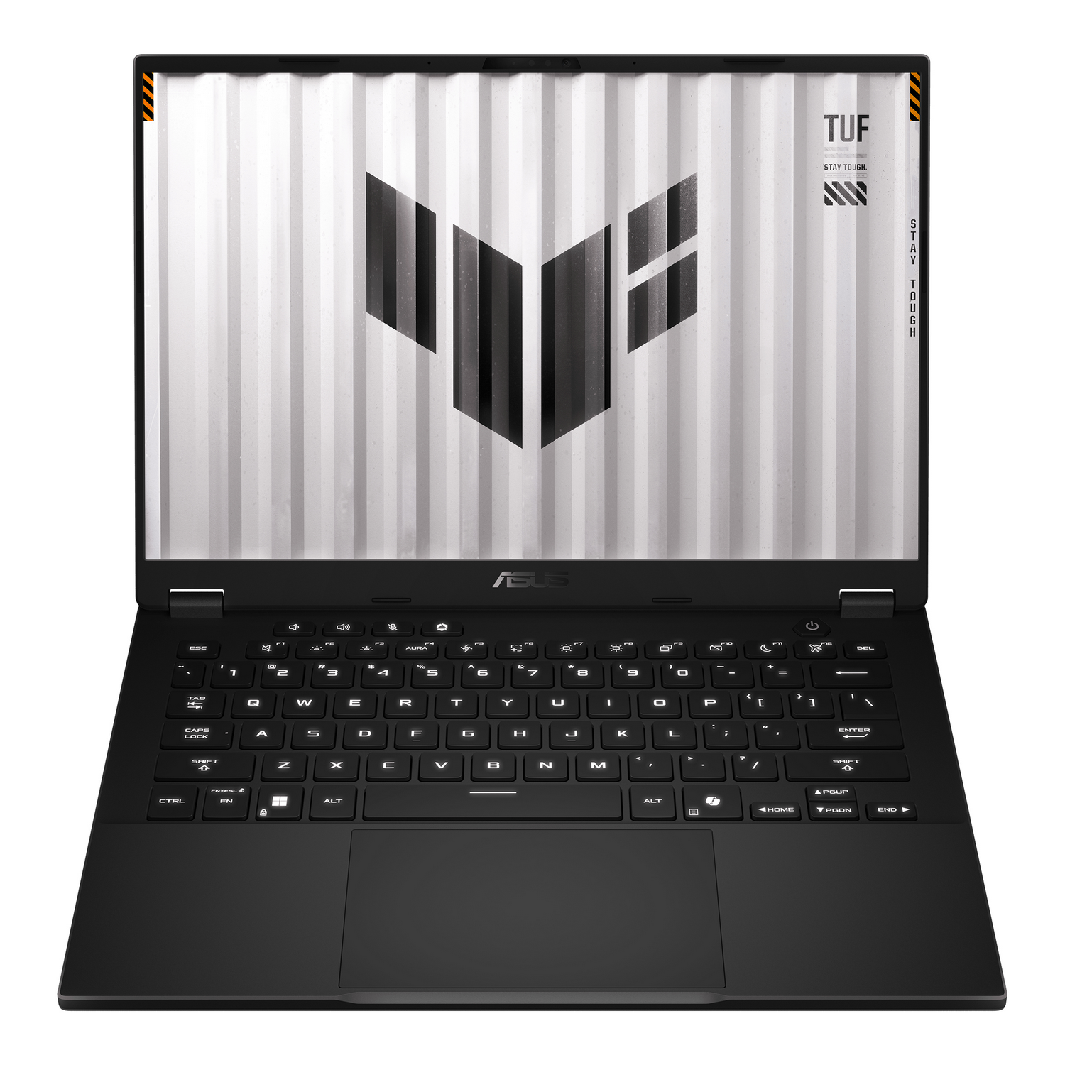Un portátil Asus negro con teclado retroiluminado y logo TUF.