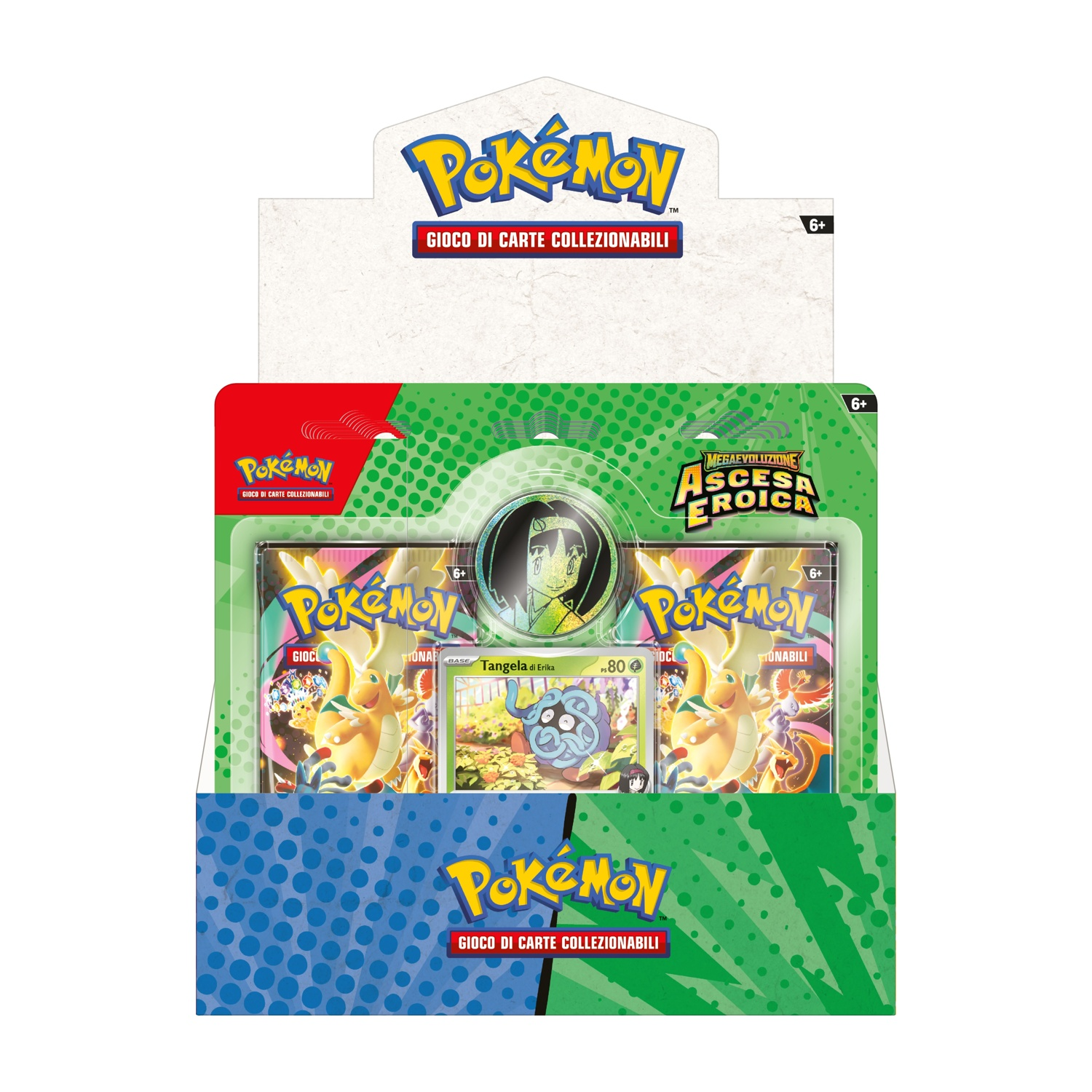 Box gioco carte collezionabili Pokémon con Dragonite, Tangela e altre carte.
