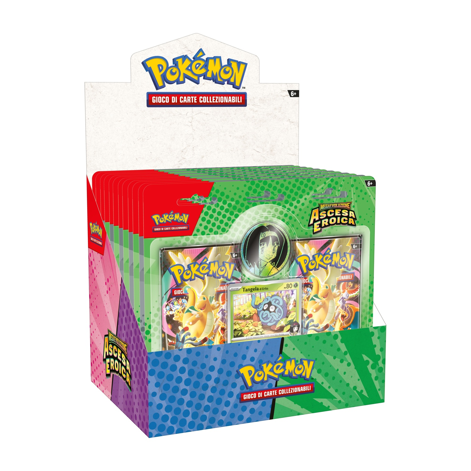 Una scatola display Pokémon Gioco di Carte con design colorati e più pacchetti.