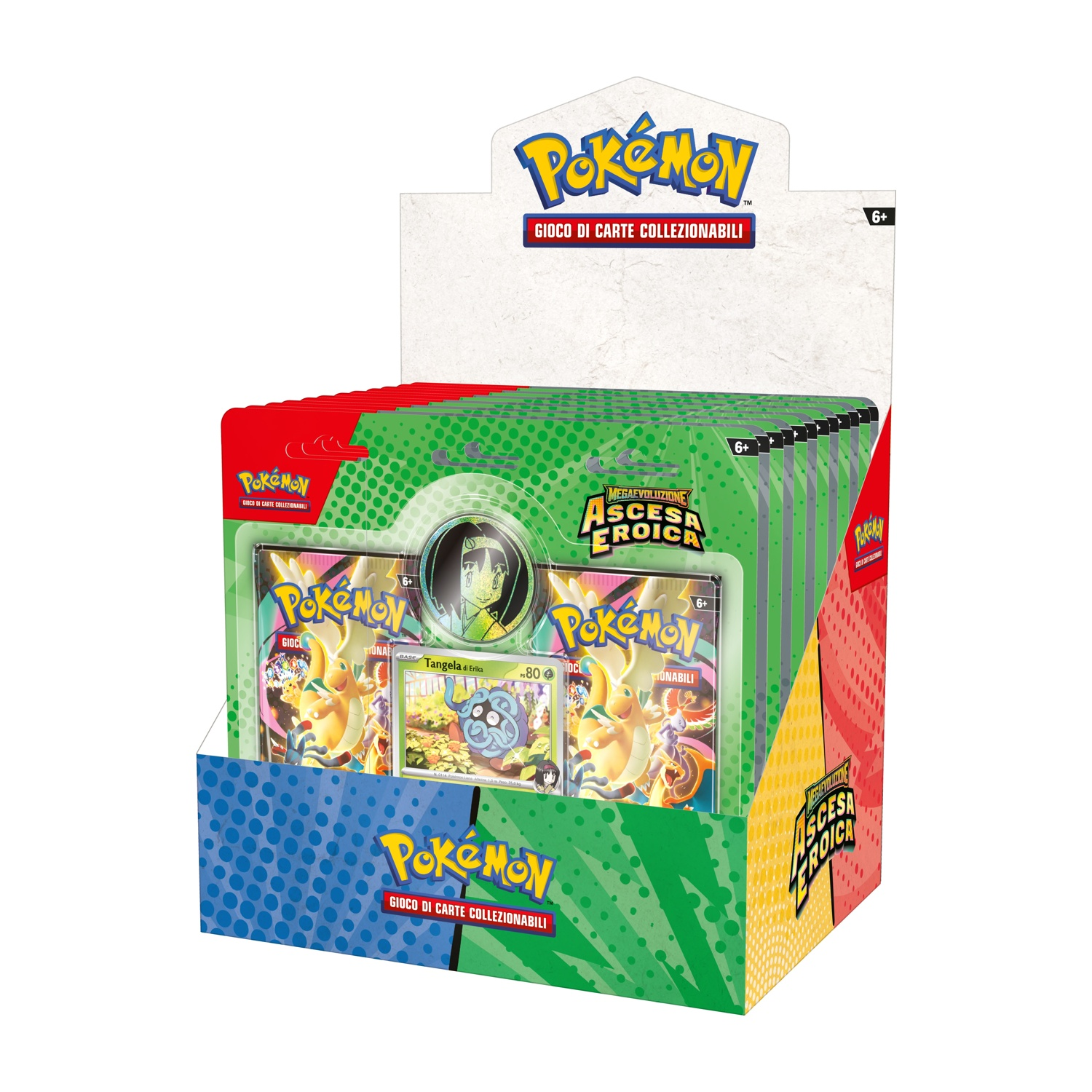 Display box Pokémon Gioco di Carte Collezionabili con booster e moneta.