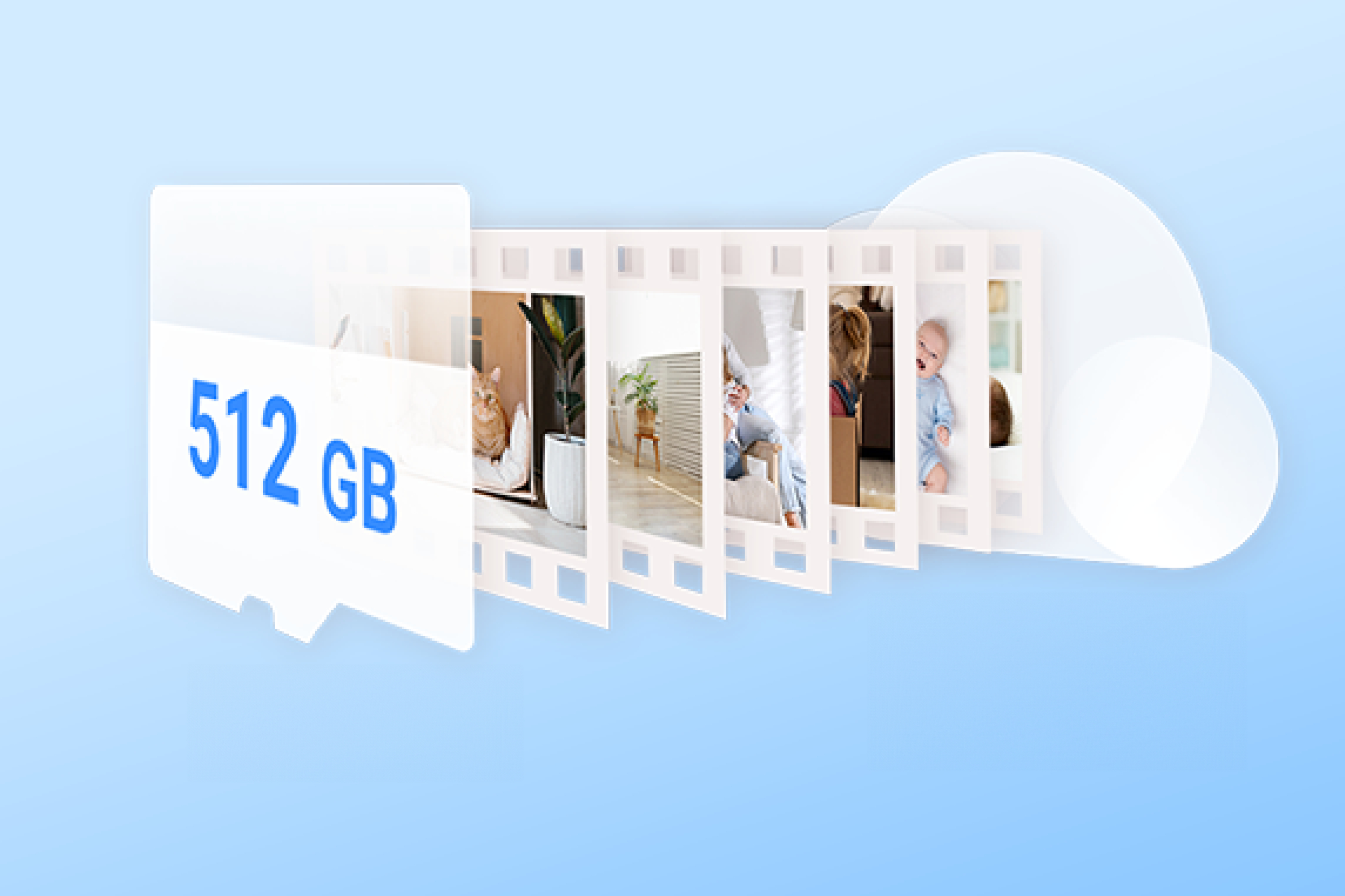 SD-Karte mit 512 GB und Filmstreifen mit Fotos von Katze, Baby und Zuhause.