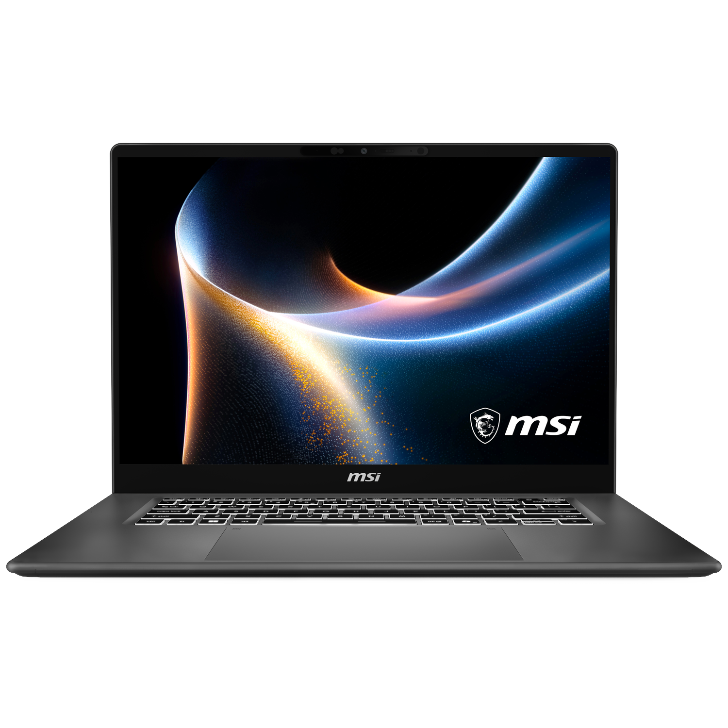 An open black MSI laptop with an abstract glowing wallpaper on its screen.