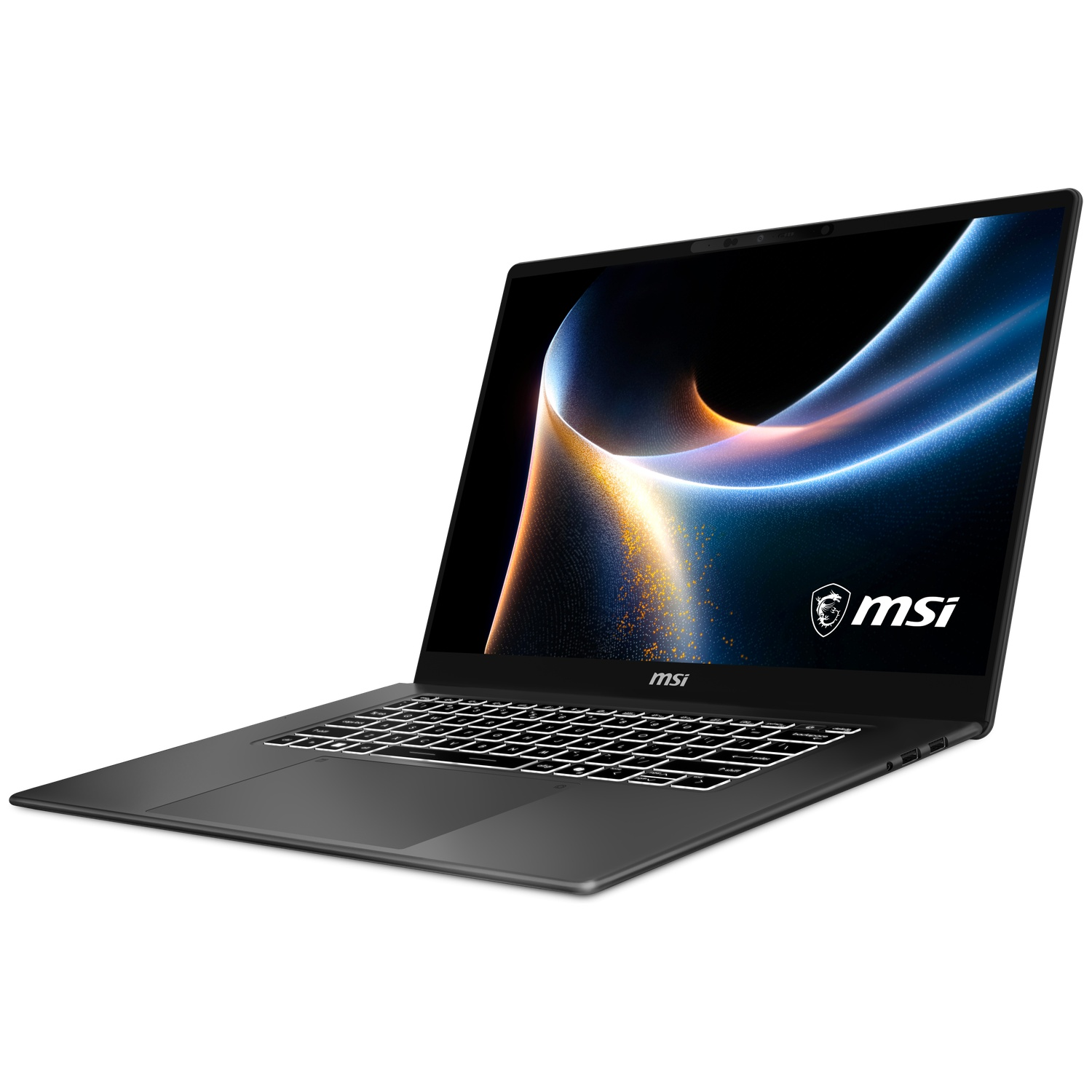 Black MSI laptop with a vibrant wallpaper and backlit keyboard.