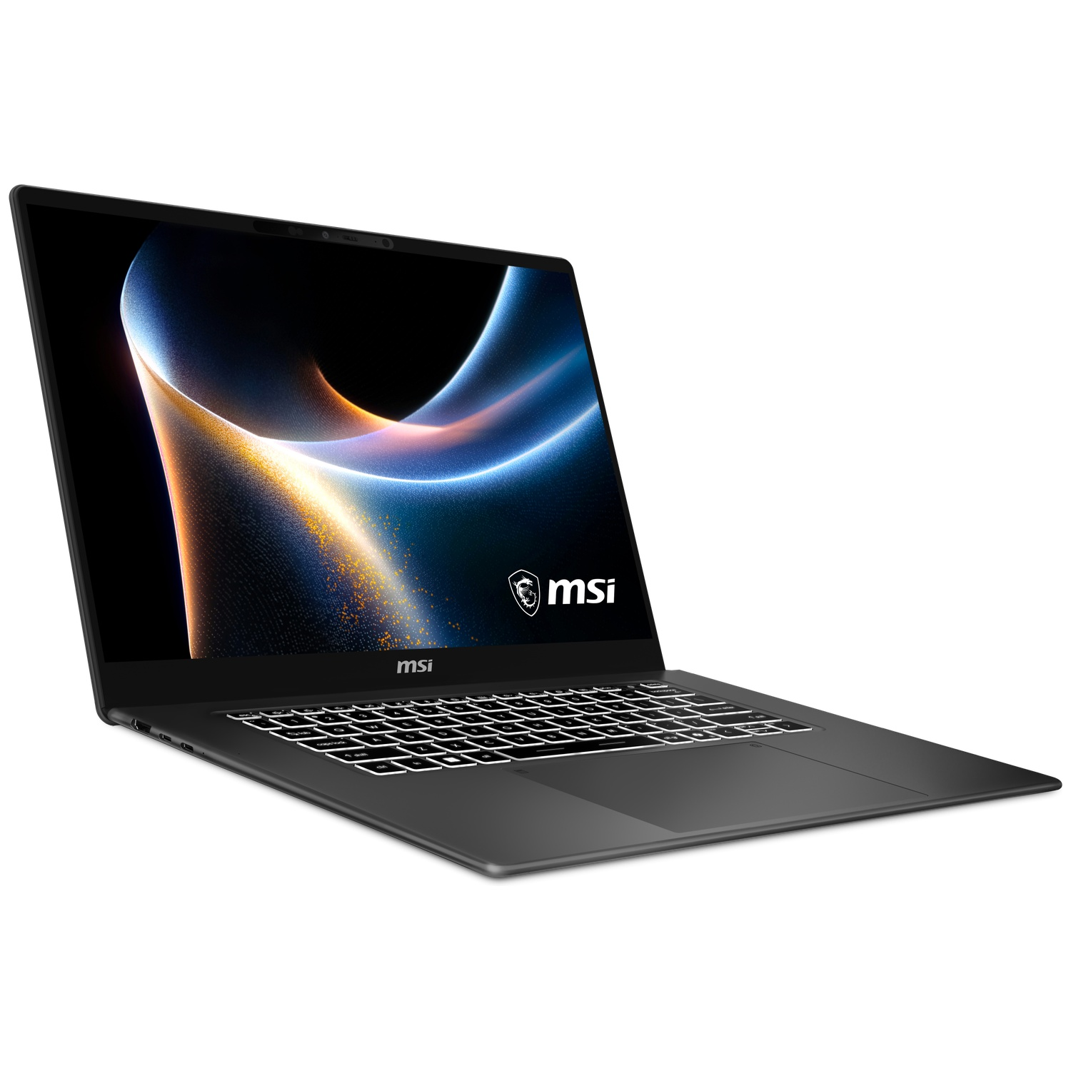 A black MSI laptop with a backlit keyboard and an abstract background displayed on its screen.